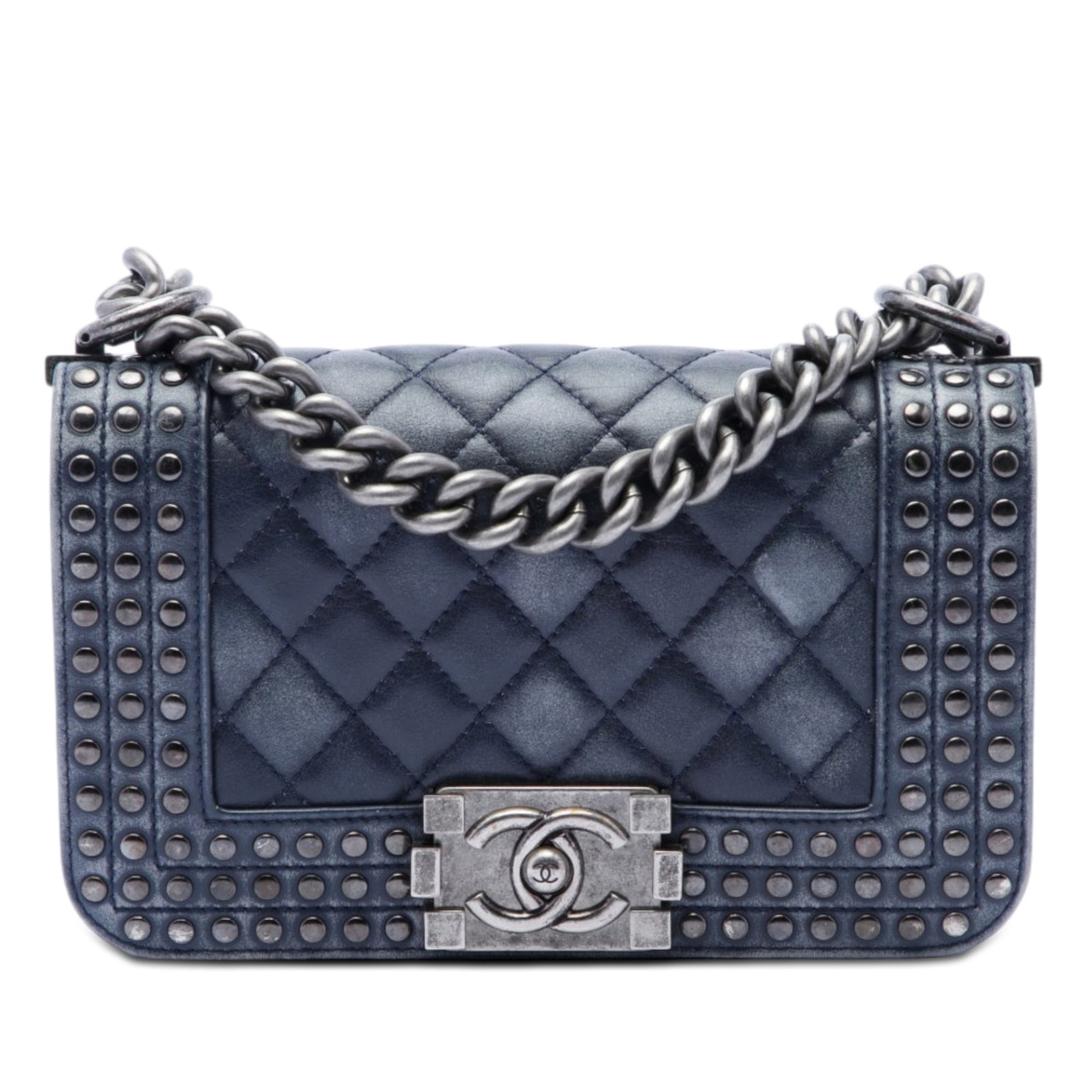 Chanel Boy Flap Small Blue Distressed Calfskin Studded Shoulder Bag: Chanel Boy Flap Small Blue Distressed Calfskin Studded Shoulder Bag Chanel Paris Dallas Small Quilted Distressed Calfskin Studded Boy Flap bag in blue leather. It features a quilted leather body with 