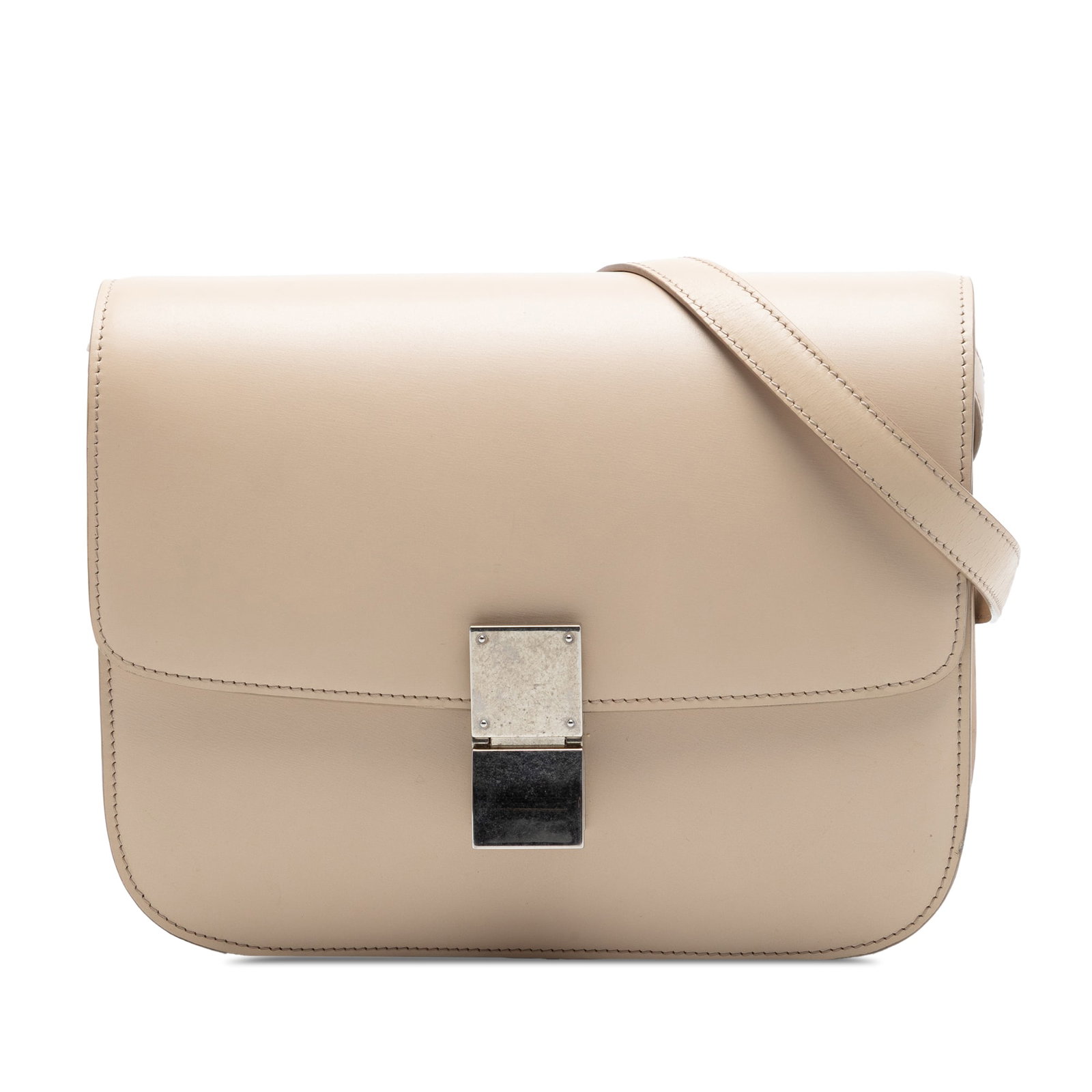 Celine Medium Classic Box Calfskin Shoulder Bag Beige: Celine Medium Classic Box Calfskin Shoulder Bag Beige Celine Medium Calfskin Classic Box bag in beige leather, made in Italy. It features a leather body, an adjustable flat leather strap, a front flap