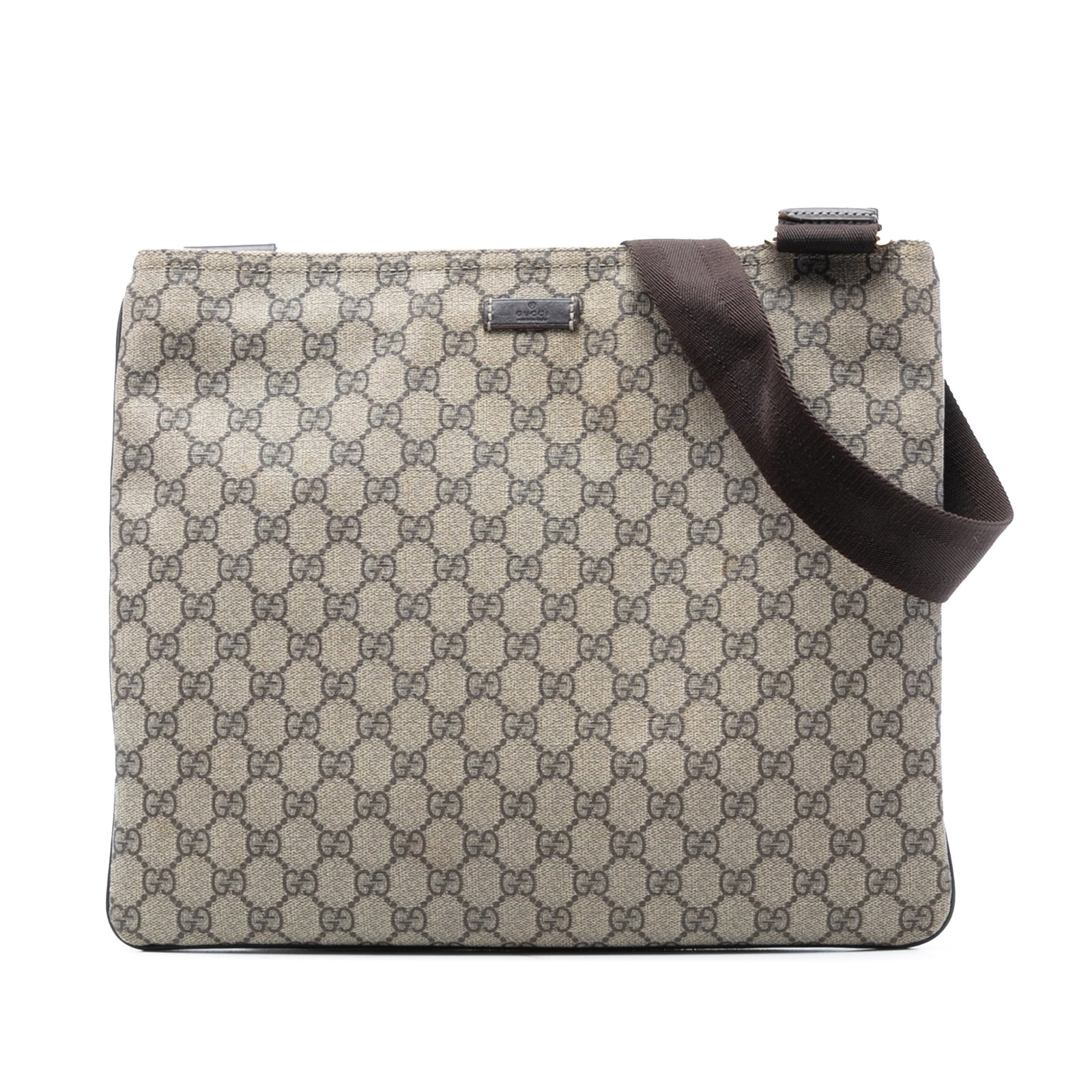 Gucci GG Supreme Beige Canvas Crossbody Bag with Leather Trim: Gucci GG Supreme Beige Canvas Crossbody Bag with Leather Trim This Gucci GG Supreme Crossbody bag features a coated canvas body with leather trim. It is designed with an adjustable flat shoulder strap