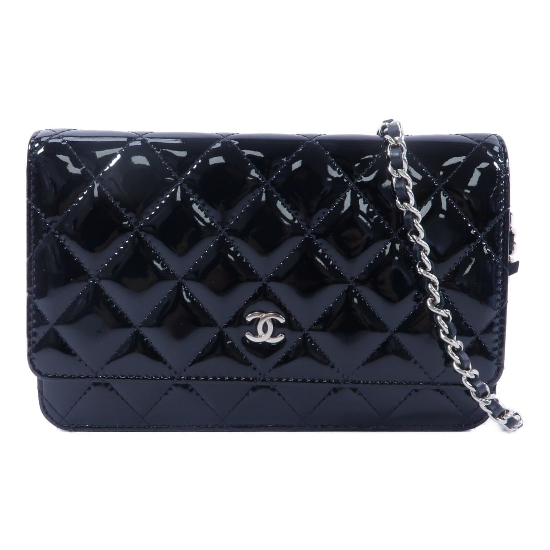 CHANEL Wallet on Chain Patent Leather Shoulder Bag Black SHW: CHANEL Wallet on Chain Patent Leather Shoulder Bag Black SHW CHANEL CC SHW Wallet On Chain Shoulder Bag in black patent leather. This wallet on chain shoulder bag features a hook button closure and a 