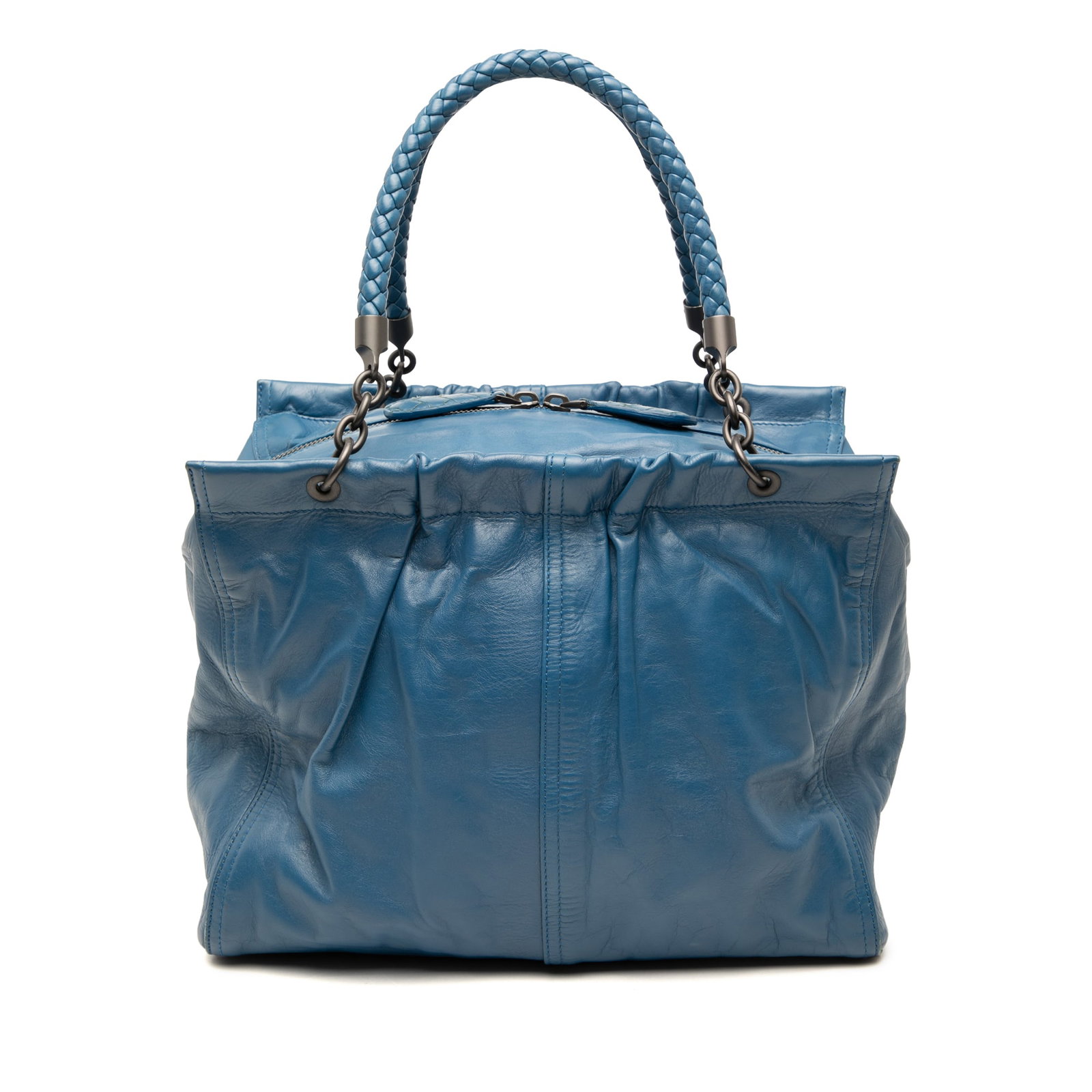 Bottega Veneta Intrecciato Trimmed Nappa Leather Bag: Bottega Veneta Intrecciato Trimmed Nappa Leather Bag This Bottega Veneta handbag is crafted from nappa leather and features the brand's signature intrecciato trim. It is designed with rolled braided l