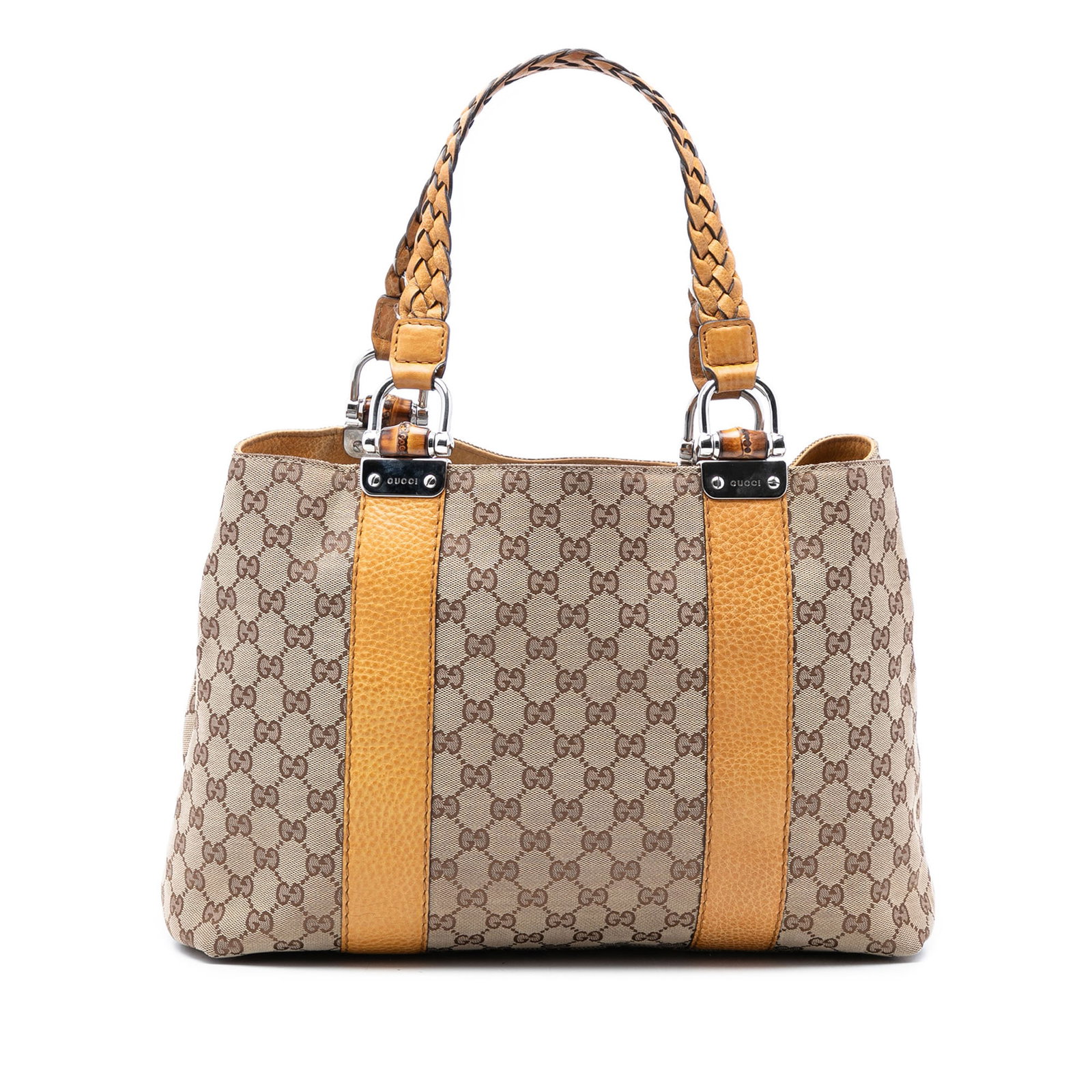 Gucci Bamboo Handle GG Canvas Libeccio Tote Bag Beige: Gucci Bamboo Handle GG Canvas Libeccio Tote Bag Beige This Gucci GG Canvas Bamboo Libeccio Tote features a beige canvas body with flat braided leather handles, an open top, and interior zip and slip p