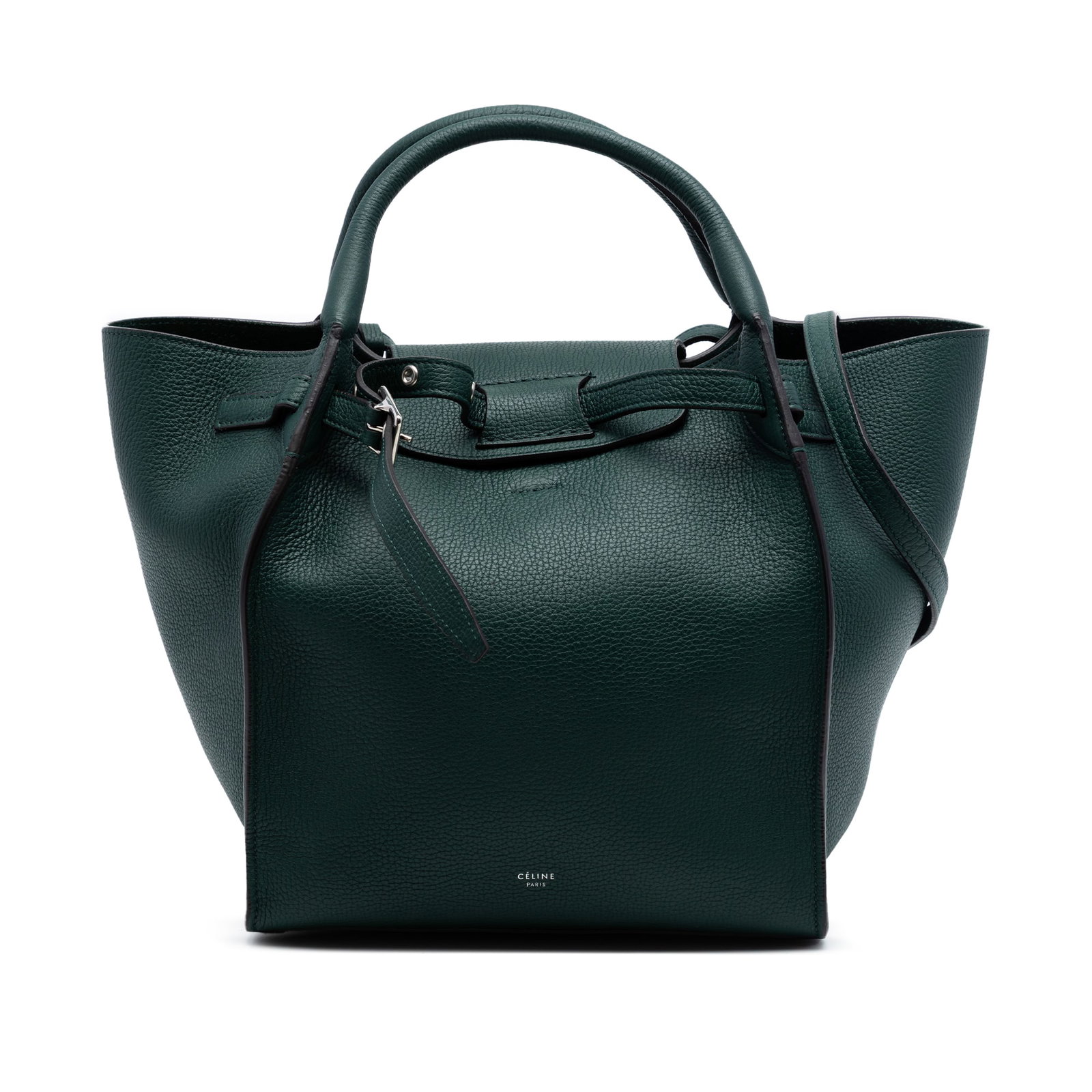 Celine Big Bag Small Grained Calfskin Leather Shoulder Bag Green: Celine Big Bag Small Grained Calfskin Leather Shoulder Bag Green Celine Small Grained Calfskin Big Bag in green leather with rolled handles, a flat shoulder strap, an open top with flap and buckle clo