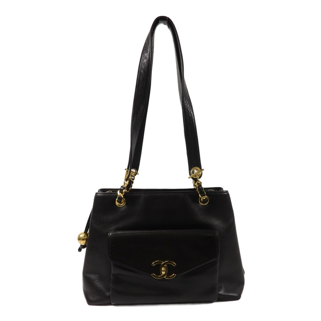 CHANEL CC Lambskin Tote Brown Vintage Bag with Hologram Sticker: CHANEL CC Lambskin Tote Brown Vintage Bag with Hologram Sticker Vintage CHANEL CC tote bag in brown lambskin leather. The bag features a flap-type exterior pocket, two inside zip pockets, two open ins