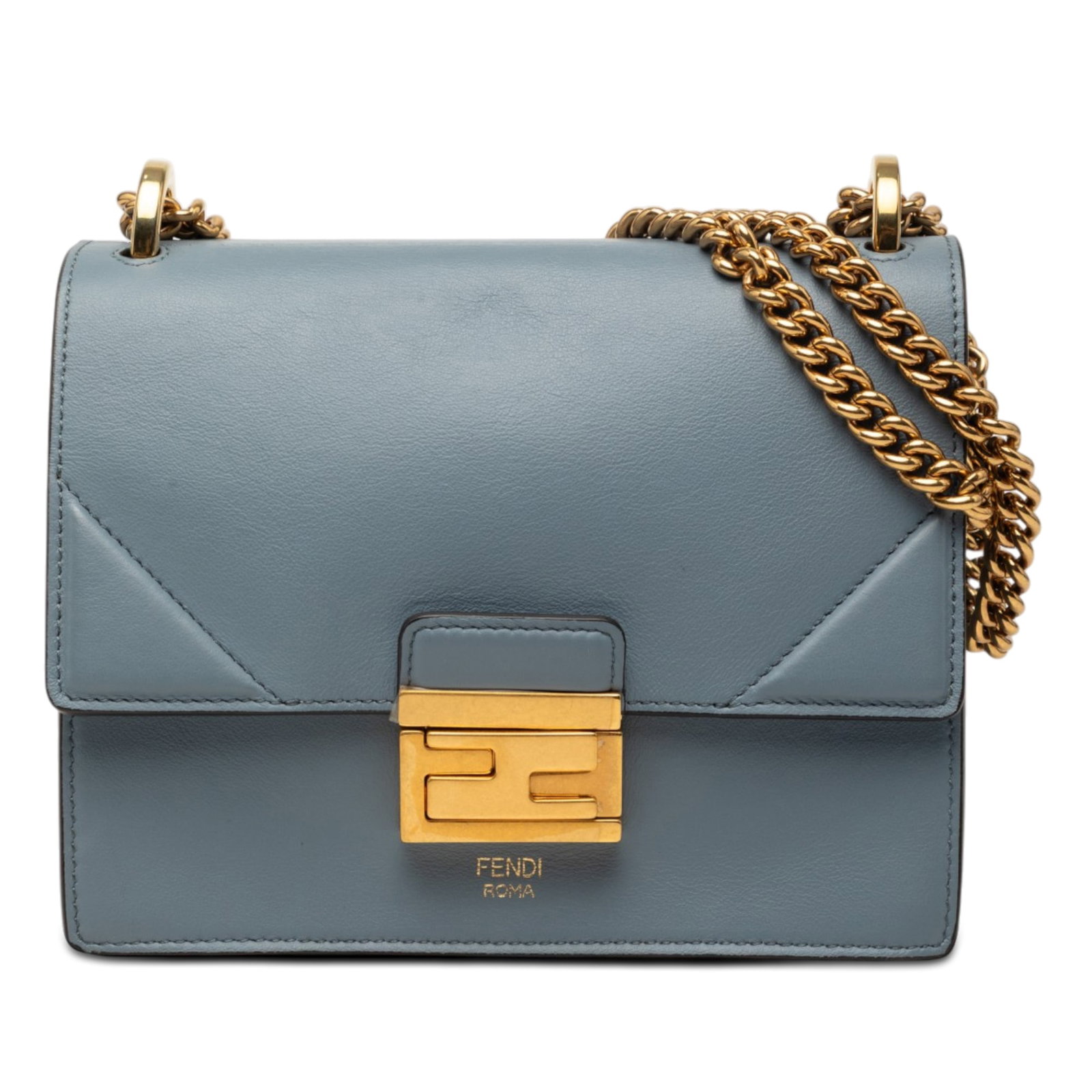 Fendi Kan U blue leather chain shoulder bag: Fendi Kan U blue leather chain shoulder bag This Fendi Small Leather Kan U Chain Shoulder Bag features a blue leather body accented with gold-tone hardware. The design includes a chain-link shoulder s