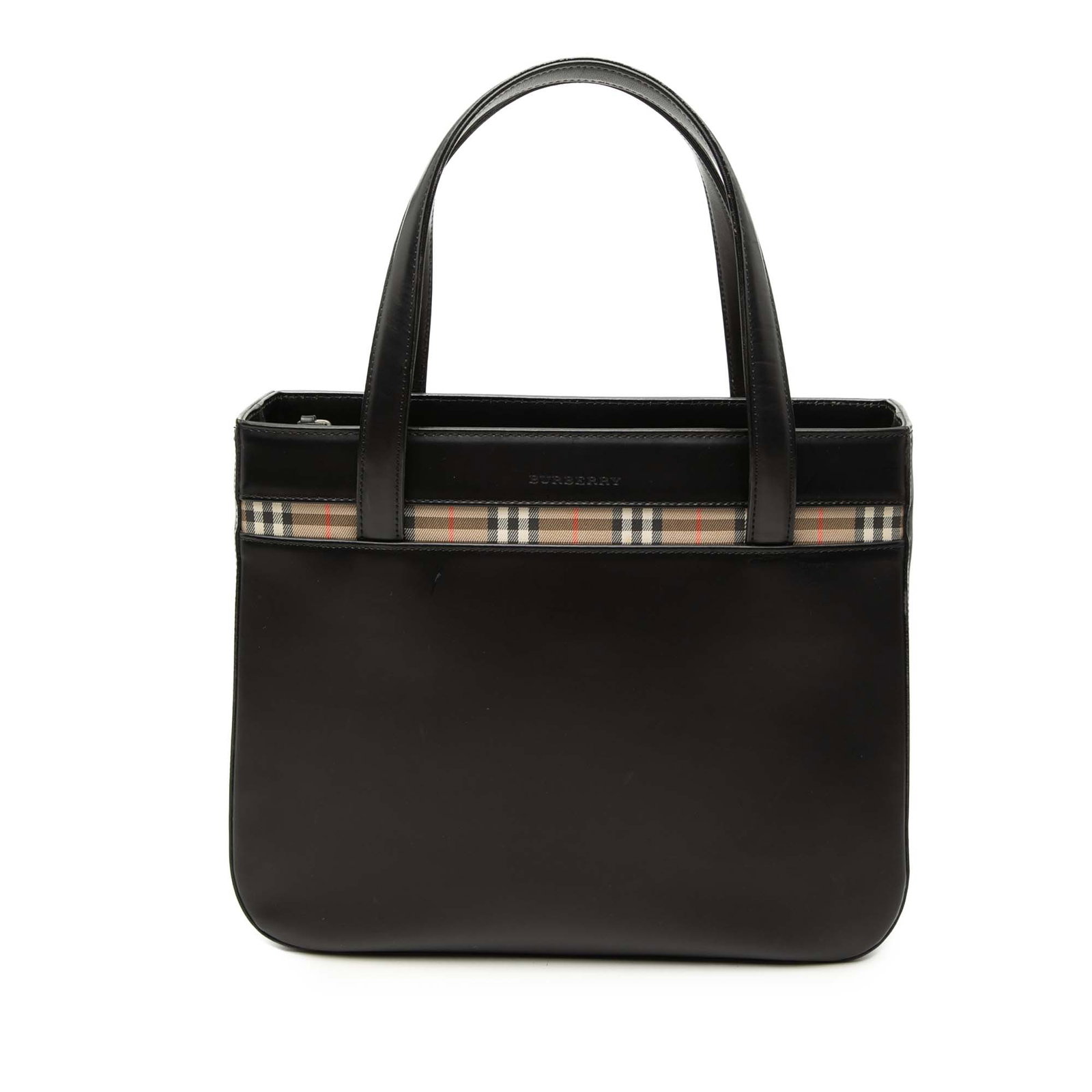 Burberry black leather tote bag with House Check trim: Burberry black leather tote bag with House Check trim Burberry House Check Trimmed Leather Handbag in black leather with flat leather handles, an open top, an interior zip compartment, an exterior bac