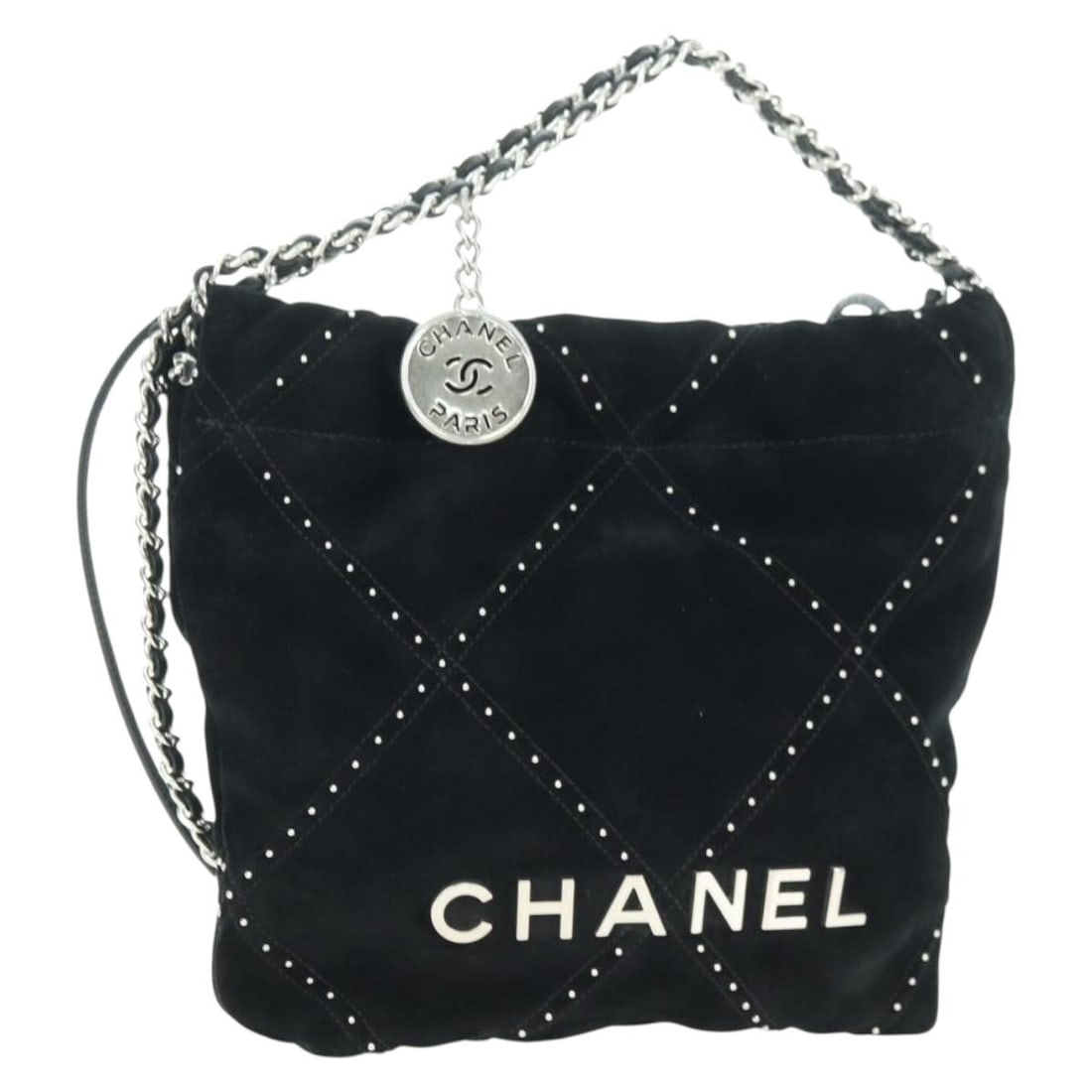 CHANEL 22 suede shoulder bag black silver chain drawstring: CHANEL 22 suede shoulder bag black silver chain drawstring Chanel 22 drawstring chain shoulder bag in black suede with silver-tone CC detailing. This women's shoulder bag includes the dust bag and ite
