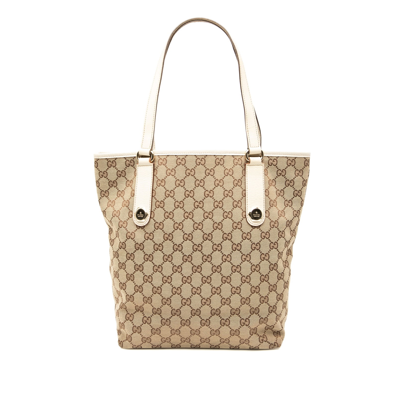 Gucci Charmy Tote Brown GG Canvas with Leather Trim: Gucci Charmy Tote Brown GG Canvas with Leather Trim This Gucci GG Canvas Charmy Tote features a brown canvas body with leather trim, flat leather straps, an open top, and interior zip and slip pockets