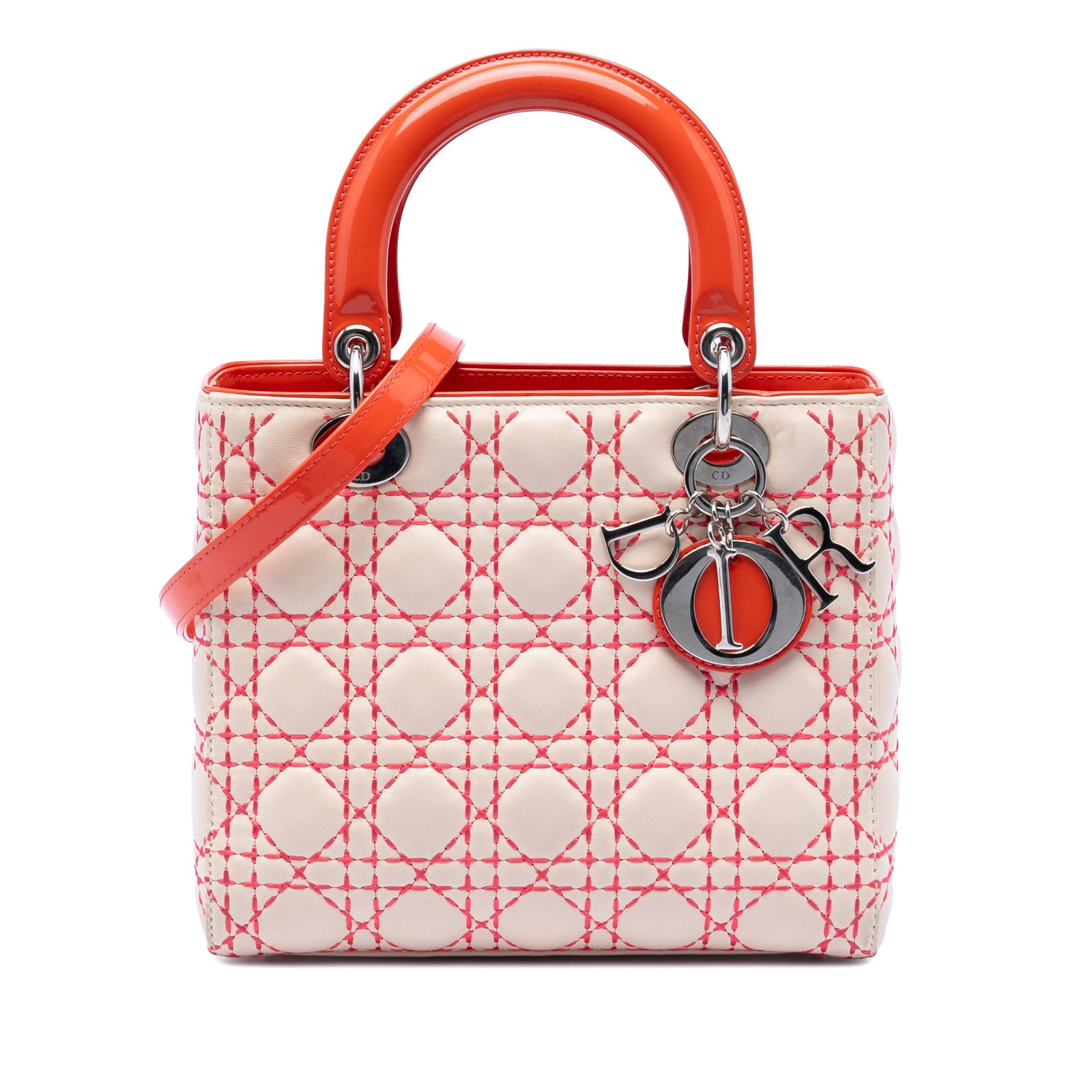 Dior Lady Dior Beige Medium Lambskin Bag with Cannage Stitch and Silver Hardware: Dior Lady Dior Beige Medium Lambskin Bag with Cannage Stitch and Silver Hardware This Lady Dior handbag features a beige stitched lambskin leather body with silver-tone hardware, flat patent leather t