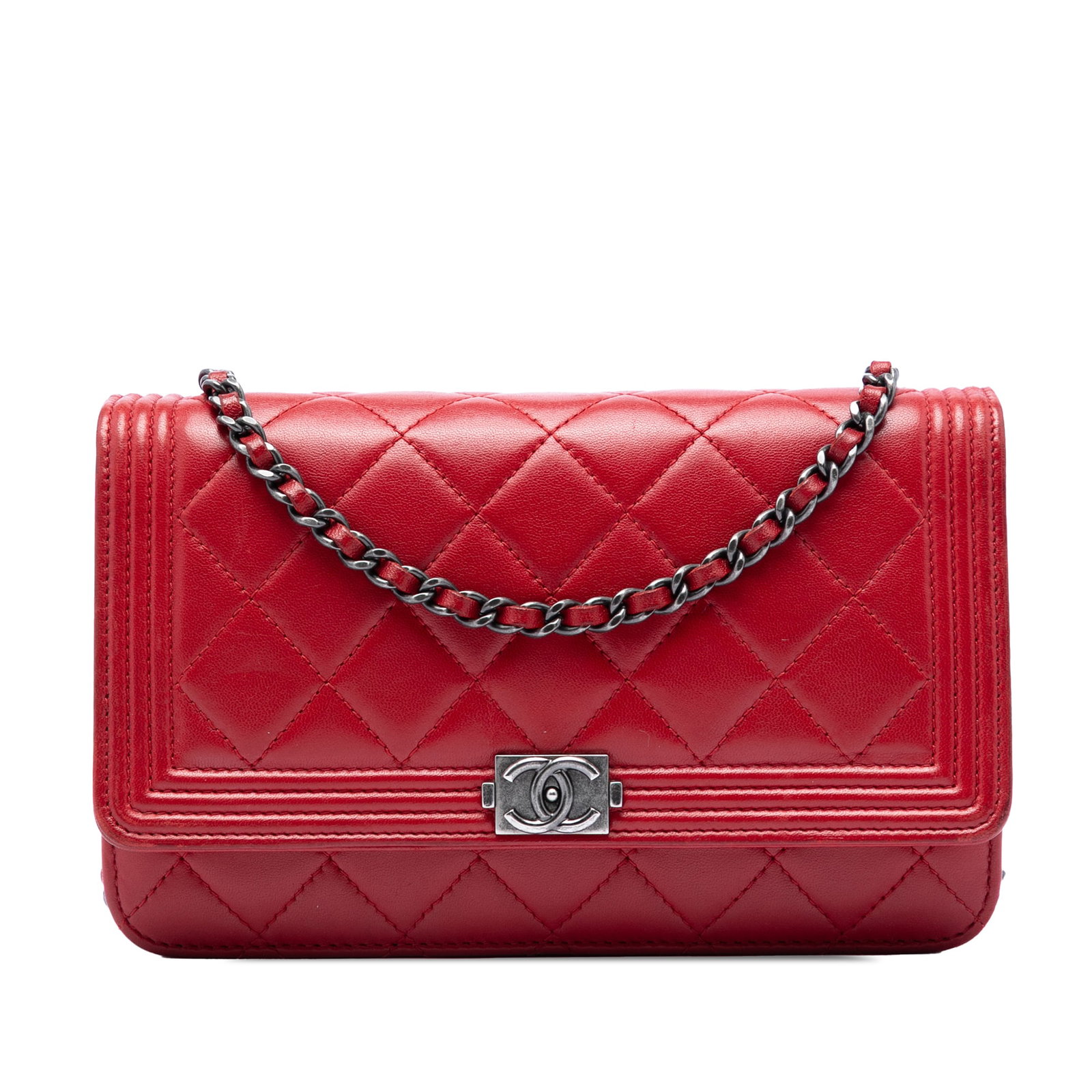 Chanel Boy Wallet On Chain Red Quilted Lambskin Leather Bag: Chanel Boy Wallet On Chain Red Quilted Lambskin Leather Bag This Chanel Boy wallet on chain is crafted in quilted lambskin leather and features a chain-link strap with a front flap and snap button clo