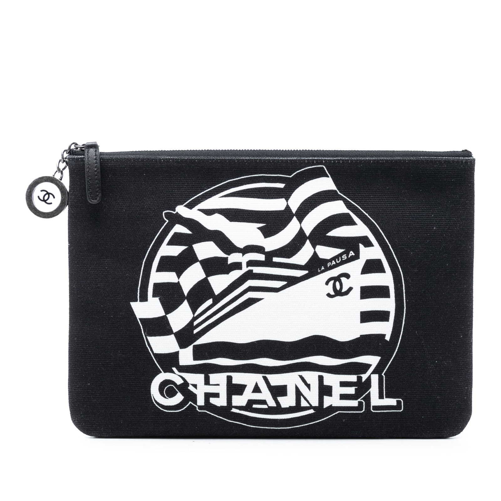 Chanel La Pausa Medium Canvas Zip Clutch Bag: Chanel La Pausa Medium Canvas Zip Clutch Bag This Chanel Medium Canvas La Pausa Zip O Case Clutch features a canvas body in black with a top zip closure. It is designed with an exterior back slip pock