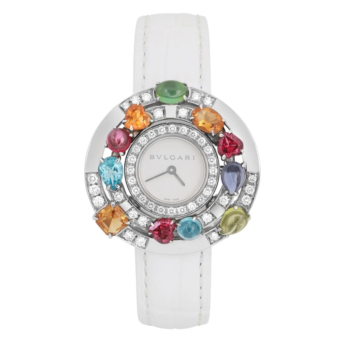 Bvlgari Astrale Diamond White Gold Leather Watch 101338: Bvlgari Astrale Diamond White Gold Leather Watch 101338 Discover the elegance of the Bvlgari Astrale Gemed Diamond Wristwatch, a luxurious timepiece crafted from 18K white gold and adorned with a slee