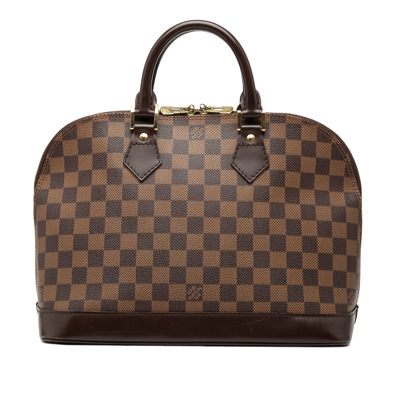 Louis Vuitton Alma PM Handbag in Damier Ebene Canvas with Leather Trim: Louis Vuitton Alma PM Handbag in Damier Ebene Canvas with Leather Trim This Louis Vuitton Damier Ebene Alma PM features the signature damier ebene coated canvas with leather trim, rolled leather handl