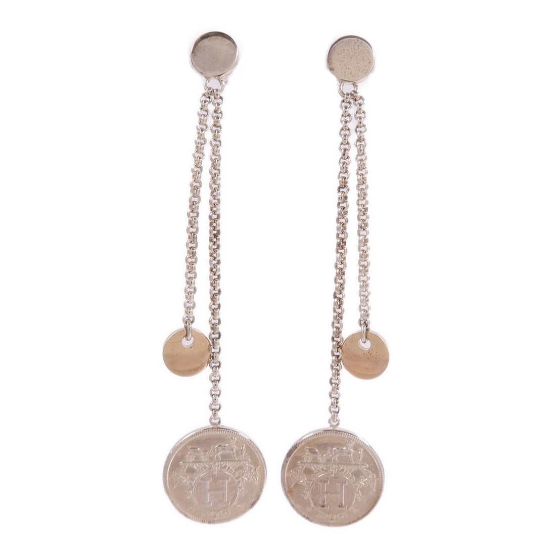 Hermes Ex-Libris Sterling Silver Earrings with 18K Pink Gold: Hermes Ex-Libris Sterling Silver Earrings with 18K Pink Gold HERMES Ex-Libris earrings made of 925 sterling silver with 18K pink gold accents. The item is described as SilverxGold in color and include