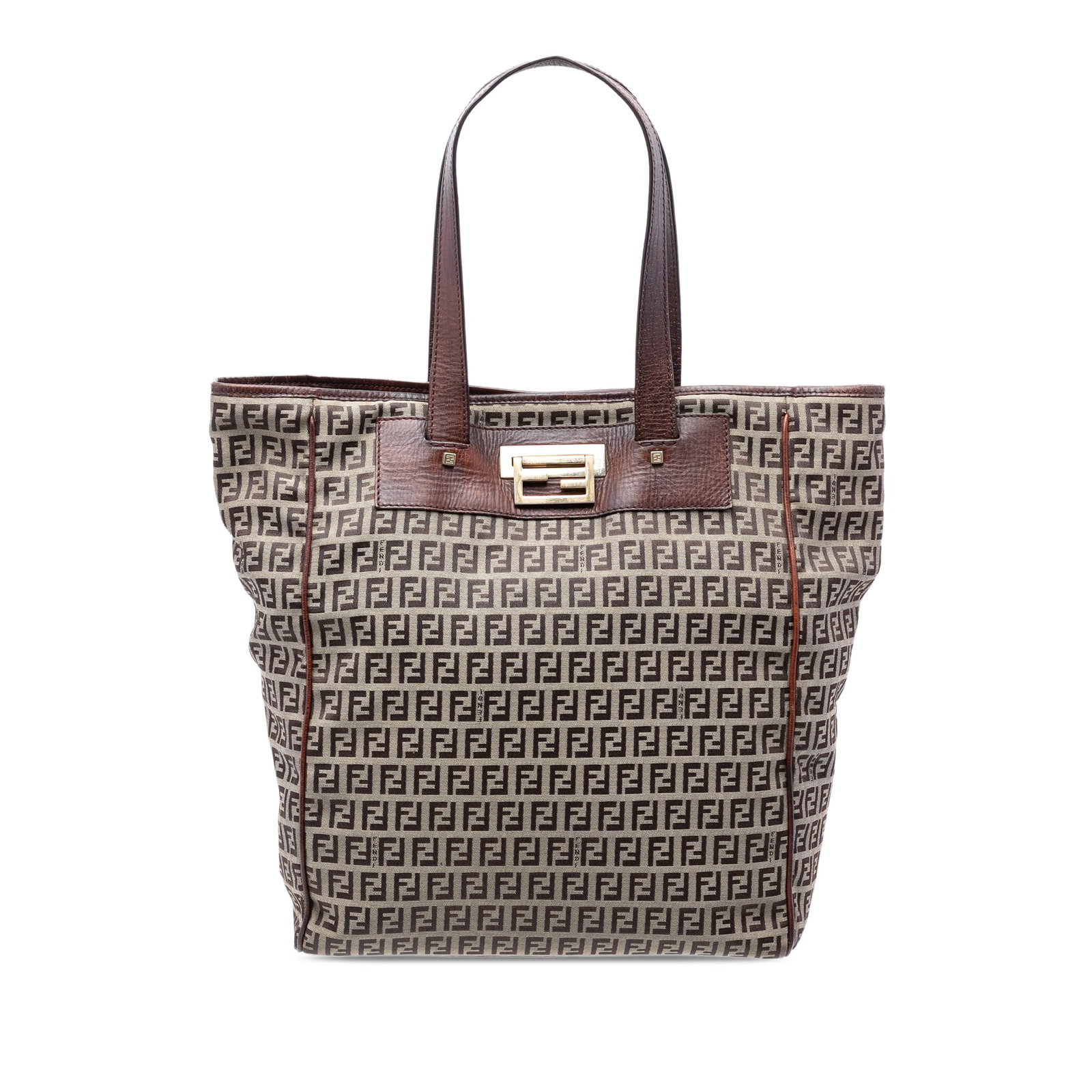 Fendi Zucchino Beige Canvas Tote Bag: Fendi Zucchino Beige Canvas Tote Bag The Fendi Zucchino Canvas Tote features a beige canvas body accented with leather trim and flat leather handles. It is designed with an open top and a flip lock cl