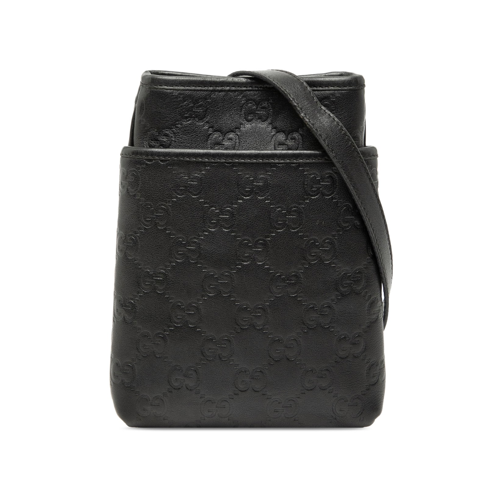 Gucci Guccissima Black Leather Crossbody Bag: Gucci Guccissima Black Leather Crossbody Bag This Guccissima Crossbody bag is crafted from black leather and features a flat leather strap, an exterior slip pocket, and an open top with a magnetic sna