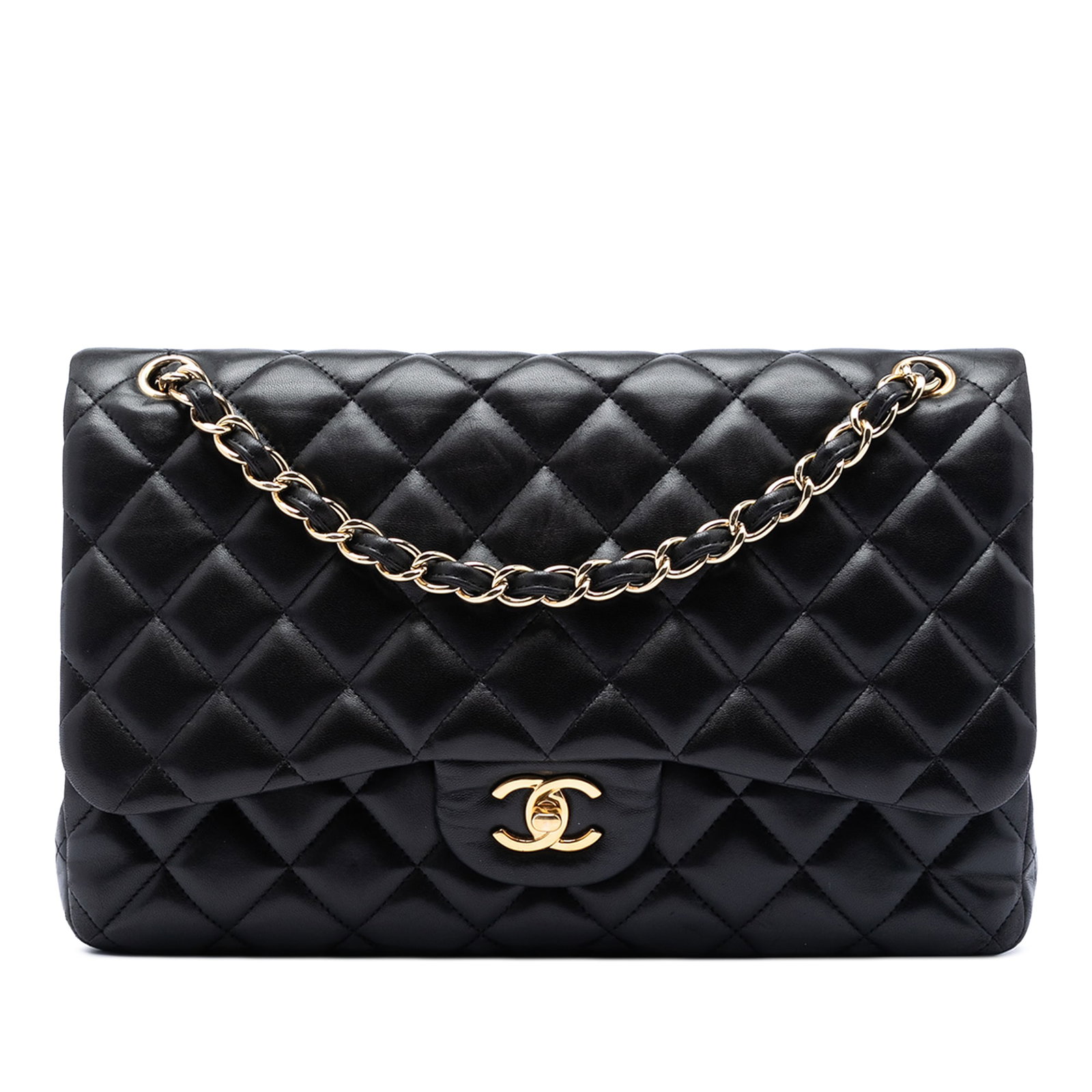 Chanel Jumbo Classic Double Flap Shoulder Bag in Black Lambskin: Chanel Jumbo Classic Double Flap Shoulder Bag in Black Lambskin Chanel Jumbo Classic Lambskin Double Flap shoulder bag in black quilted lambskin leather. This bag features leather-woven chain link str