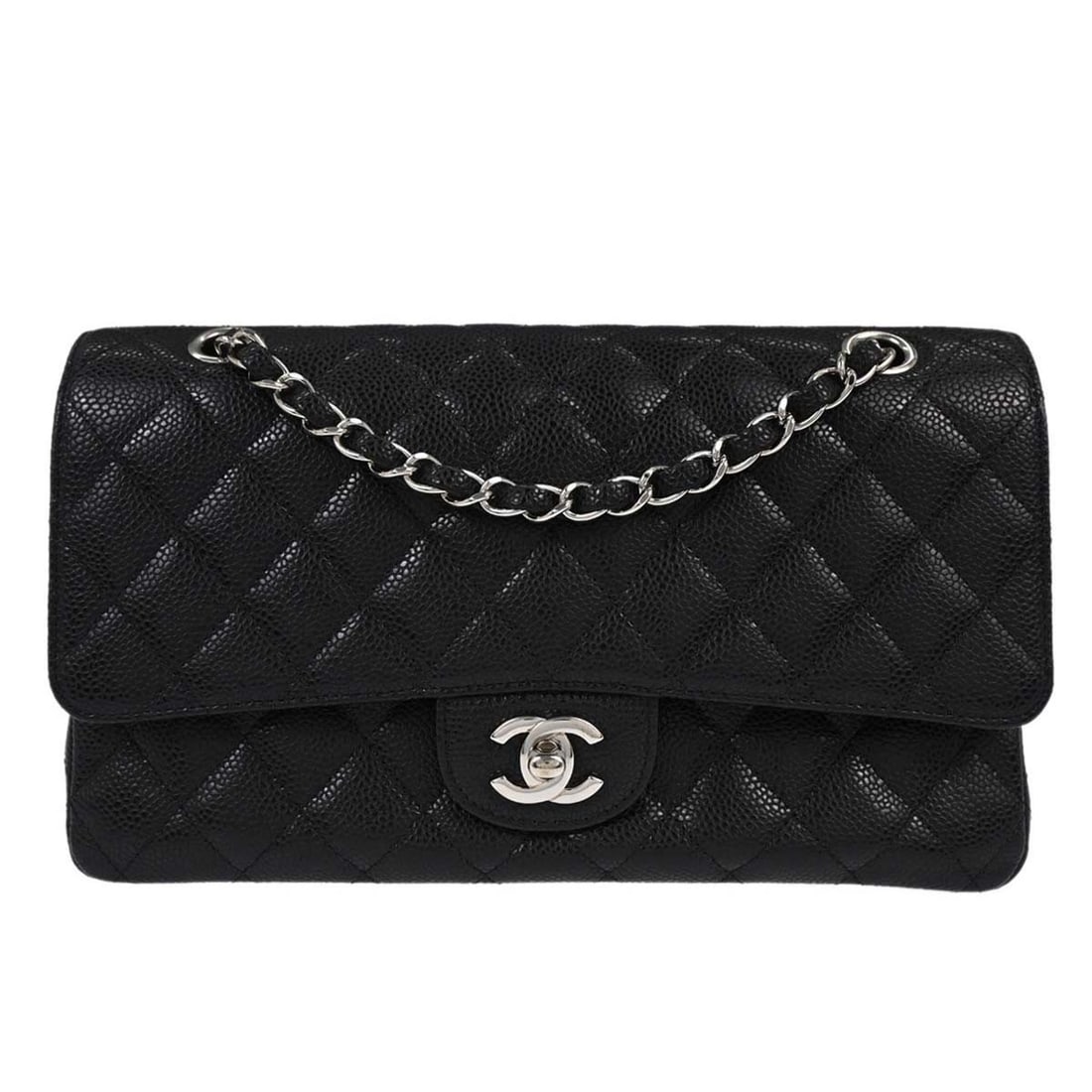 CHANEL Classic Double Flap Medium Shoulder Bag Black Calfskin: CHANEL Classic Double Flap Medium Shoulder Bag Black Calfskin Chanel Medium Classic Double Flap shoulder bag in black caviar skin leather with a turn-lock closure and shoulder strap. This medium bag f
