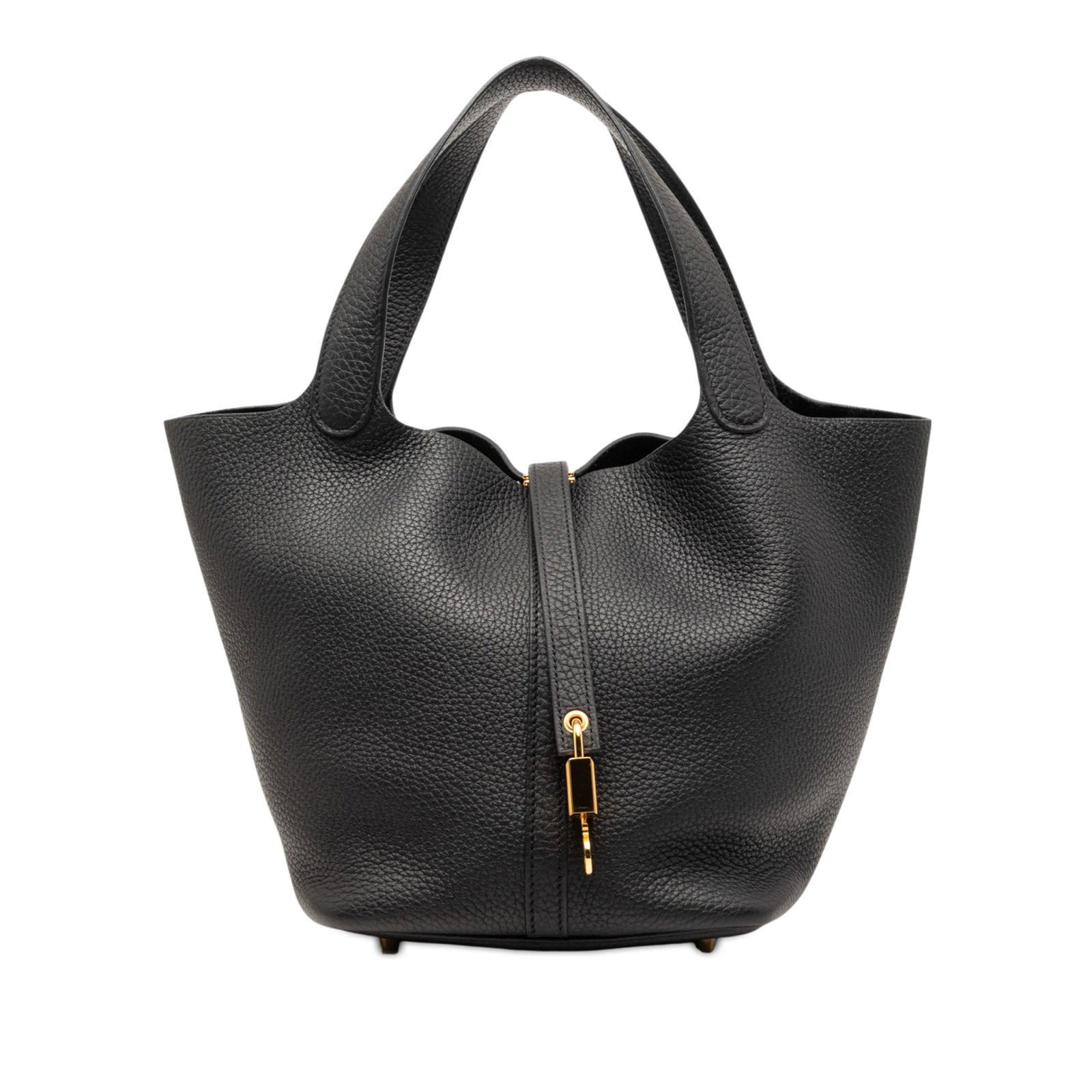 Hermes Picotin Lock 22 Clemence Leather Black Bag: Hermes Picotin Lock 22 Clemence Leather Black Bag This Hermes Clemence Picotin Lock 22 bag is crafted from Clemence leather in Noir (black) and features flat leather handles and a top flat strap with 