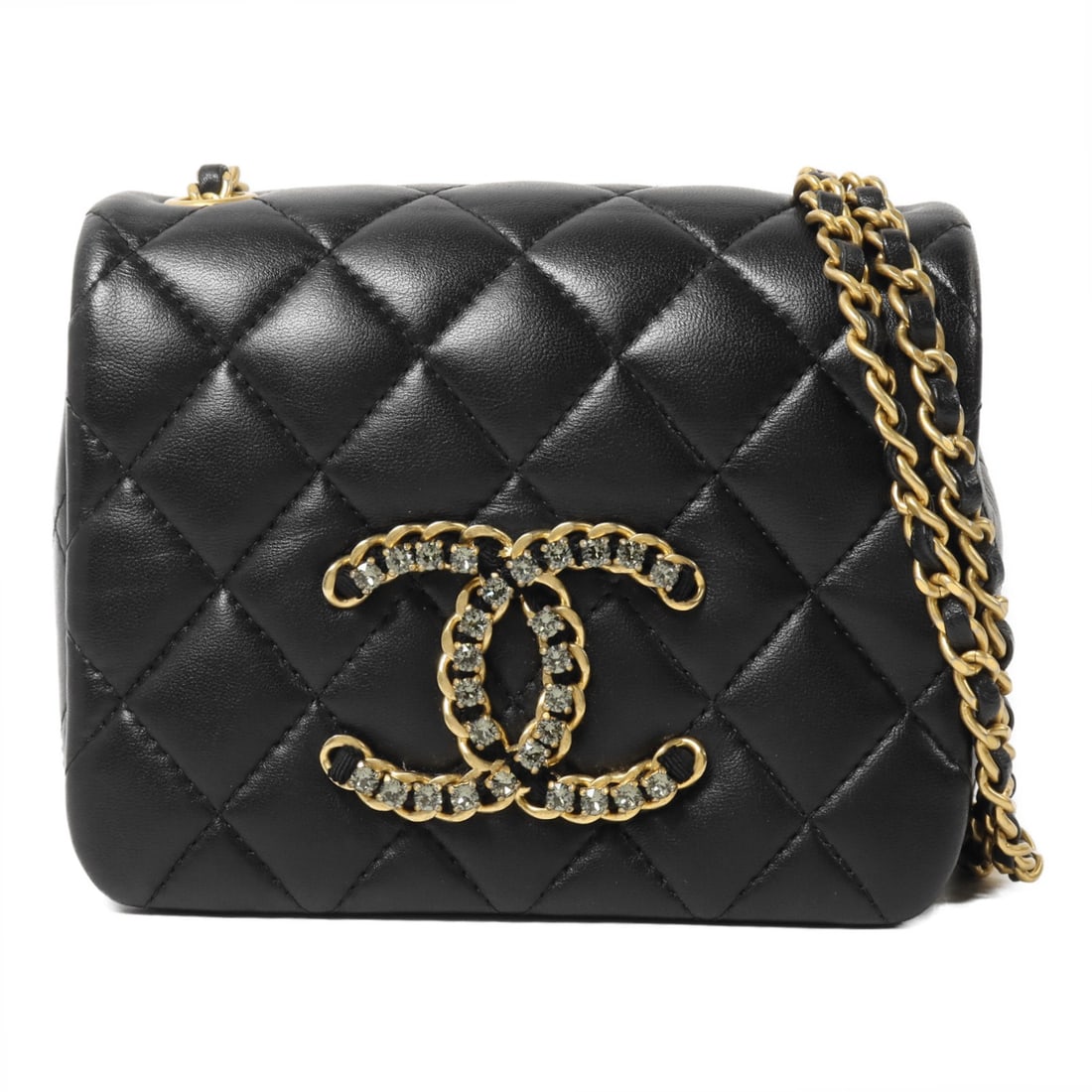 CHANEL AS2599 Seasonal Mini Shoulder Bag Black Lambskin Chain Strap: CHANEL AS2599 Seasonal Mini Shoulder Bag Black Lambskin Chain Strap Seasonal mini chain shoulder bag in black lambskin leather with gold-tone hardware. It features a magnetic pocket and two interior c