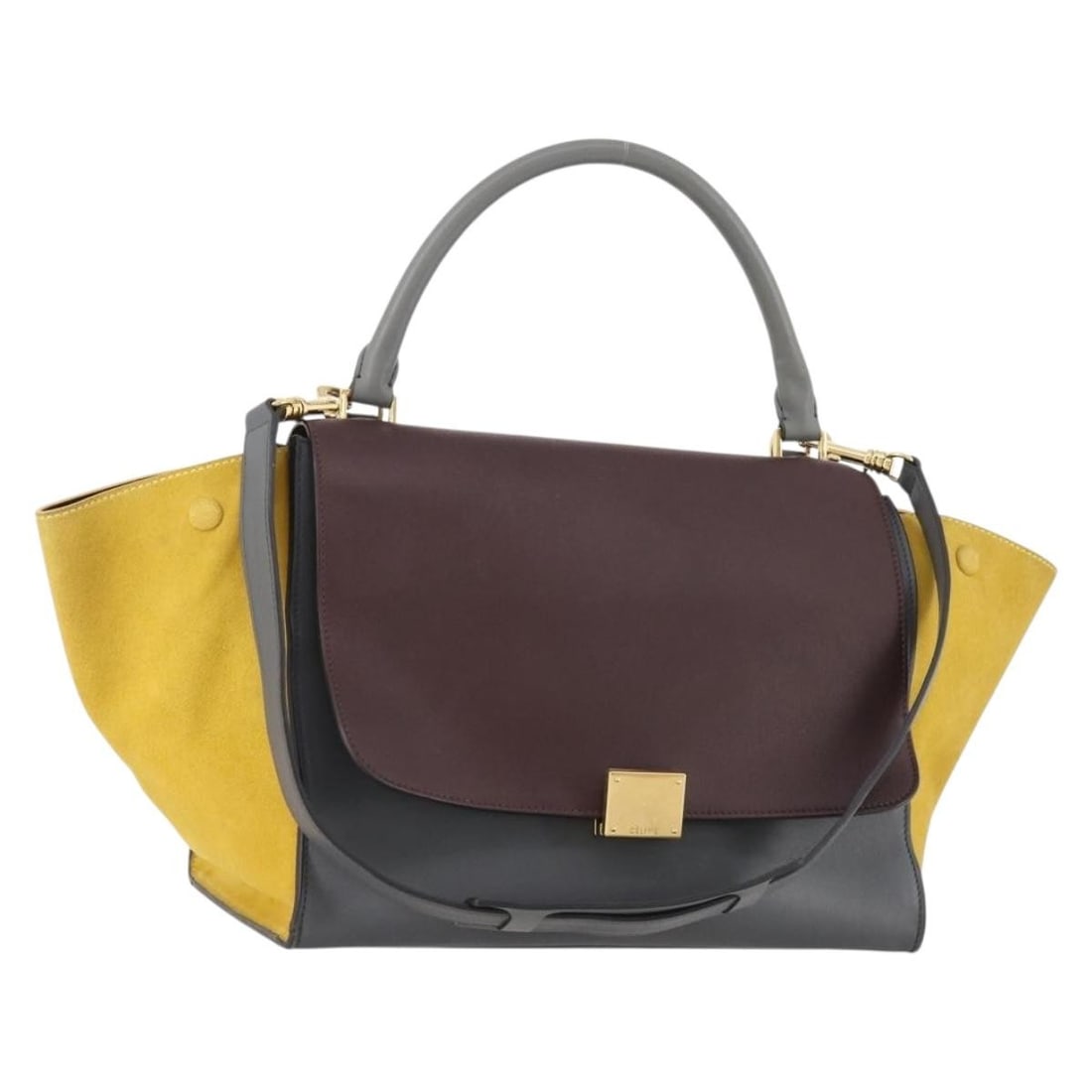 CELINE Trapeze 2way Leather Handbag Gray Gold with Shoulder Strap: CELINE Trapeze 2way Leather Handbag Gray Gold with Shoulder Strap CELINE Trapeze Hand Bag in gray/gold leather, made in Italy. This women's handbag includes a shoulder strap and features a 2-way style