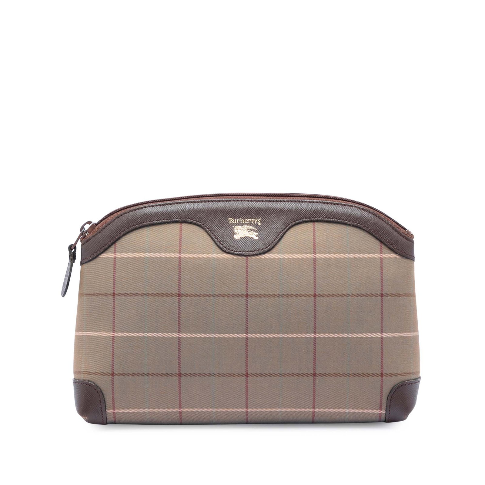 Burberry Canvas Clutch with Leather Trim and Zip Closure: Burberry Canvas Clutch with Leather Trim and Zip Closure This Burberry Vintage Check Canvas Clutch features a canvas body with leather trim and a top zip closure. The bag is designed in a brown color 