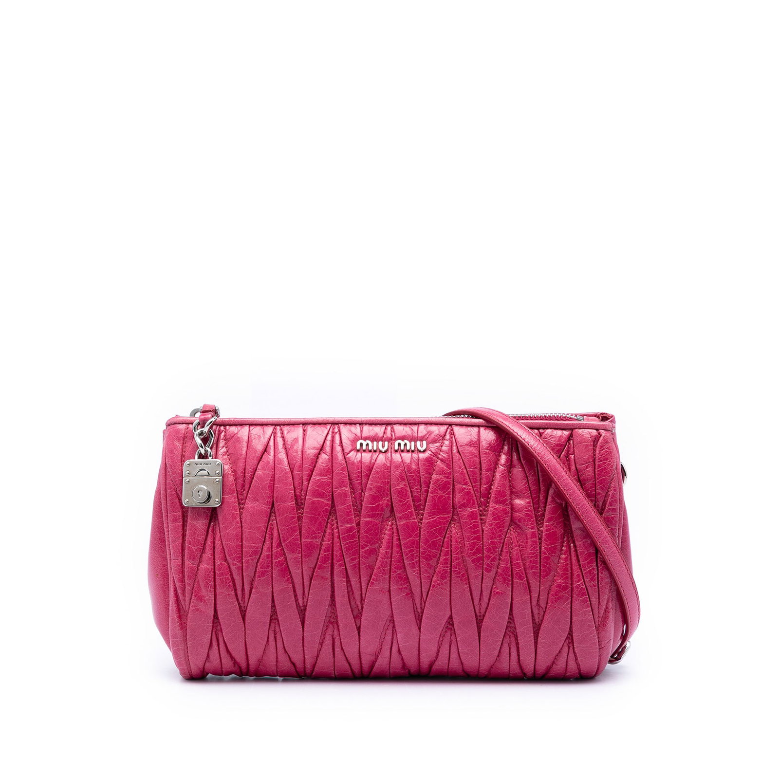 Pink quilted leather crossbody bag Miu Miu Matelasse Nappa: Pink quilted leather crossbody bag Miu Miu Matelasse Nappa Miu Miu Matelasse Nappa Chain Crossbody bag in pink, featuring a quilted lambskin leather body, top zip closure, and an interior slip pocket.