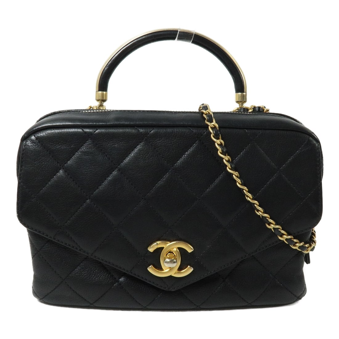 CHANEL 2way shoulder bag black lambskin CC chain handle: CHANEL 2way shoulder bag black lambskin CC chain handle CHANEL 2way shoulder bag in black lambskin (sheep leather) with a chain shoulder strap and handle. The bag is described as a shoulder bag with a