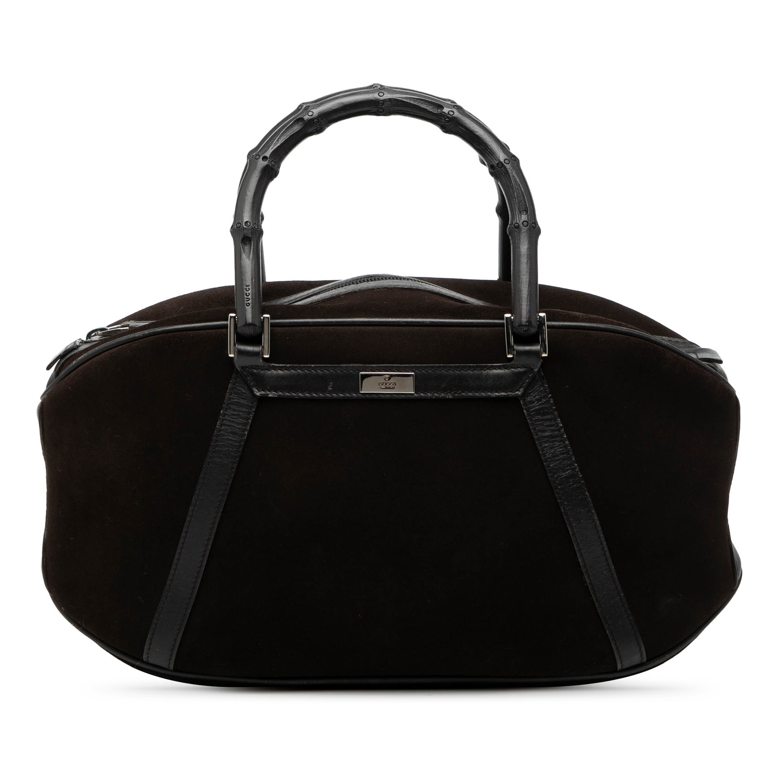 Gucci Brown Suede Bamboo Handle Leather Handbag Italy: Gucci Brown Suede Bamboo Handle Leather Handbag Italy This Gucci handbag features a brown suede leather body with calfskin leather trim and distinctive bamboo handles. It is designed with a top zip cl