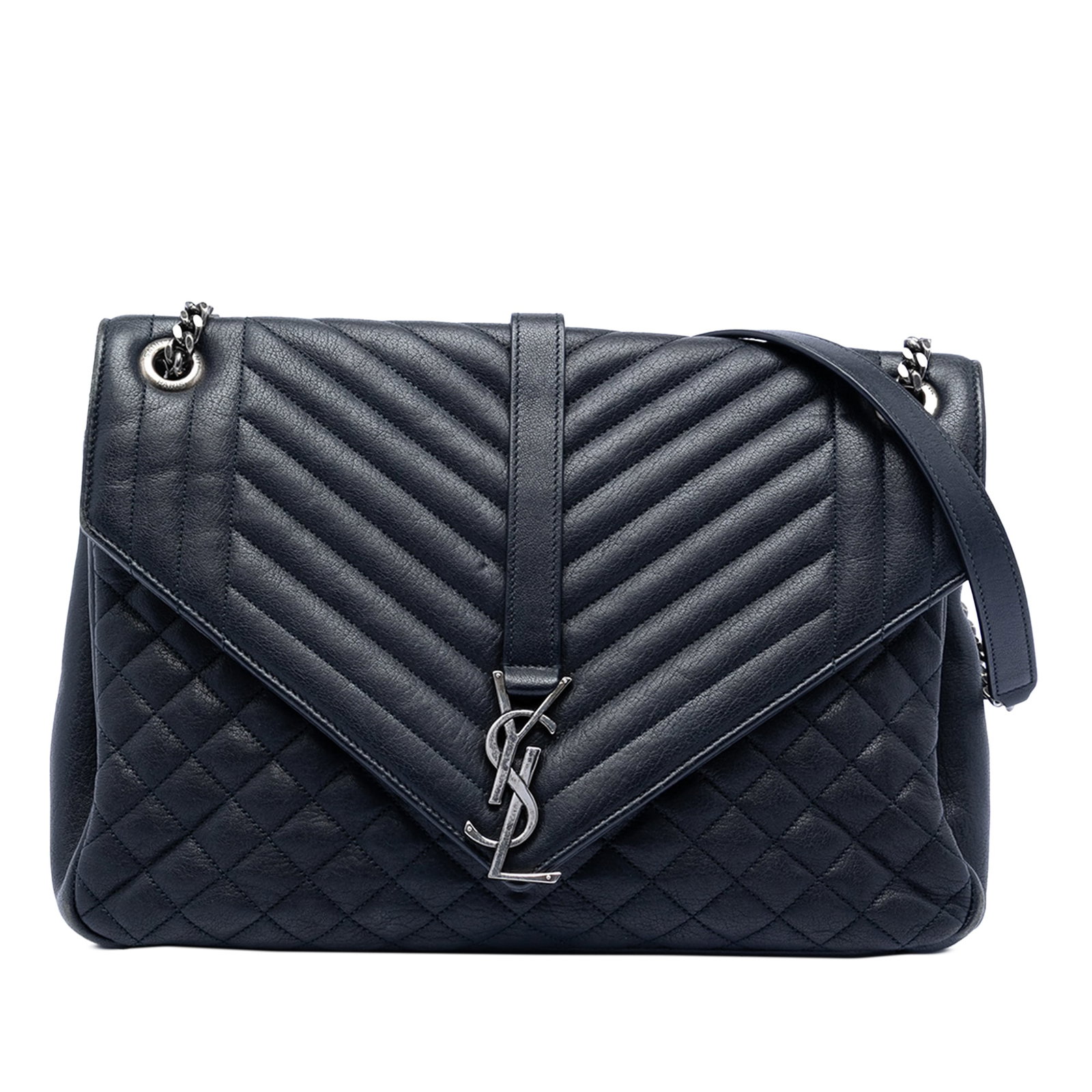 Saint Laurent College Bag Large Blue Quilted Sheepskin with Chain Strap: Saint Laurent College Bag Large Blue Quilted Sheepskin with Chain Strap This Saint Laurent Large Triquilt Sheepskin Monogram College Bag features a quilted sheepskin leather body in blue, chain straps