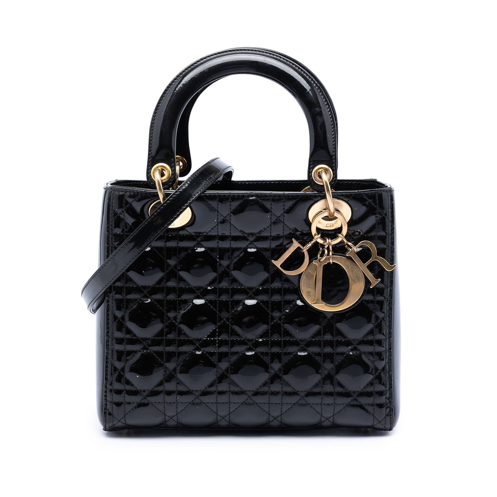 Dior Lady Dior Medium Cannage Patent Leather Handbag Black: Dior Lady Dior Medium Cannage Patent Leather Handbag Black This Medium Patent Cannage Lady Dior bag is crafted in quilted patent leather with flat leather top handles and a detachable flat leather str