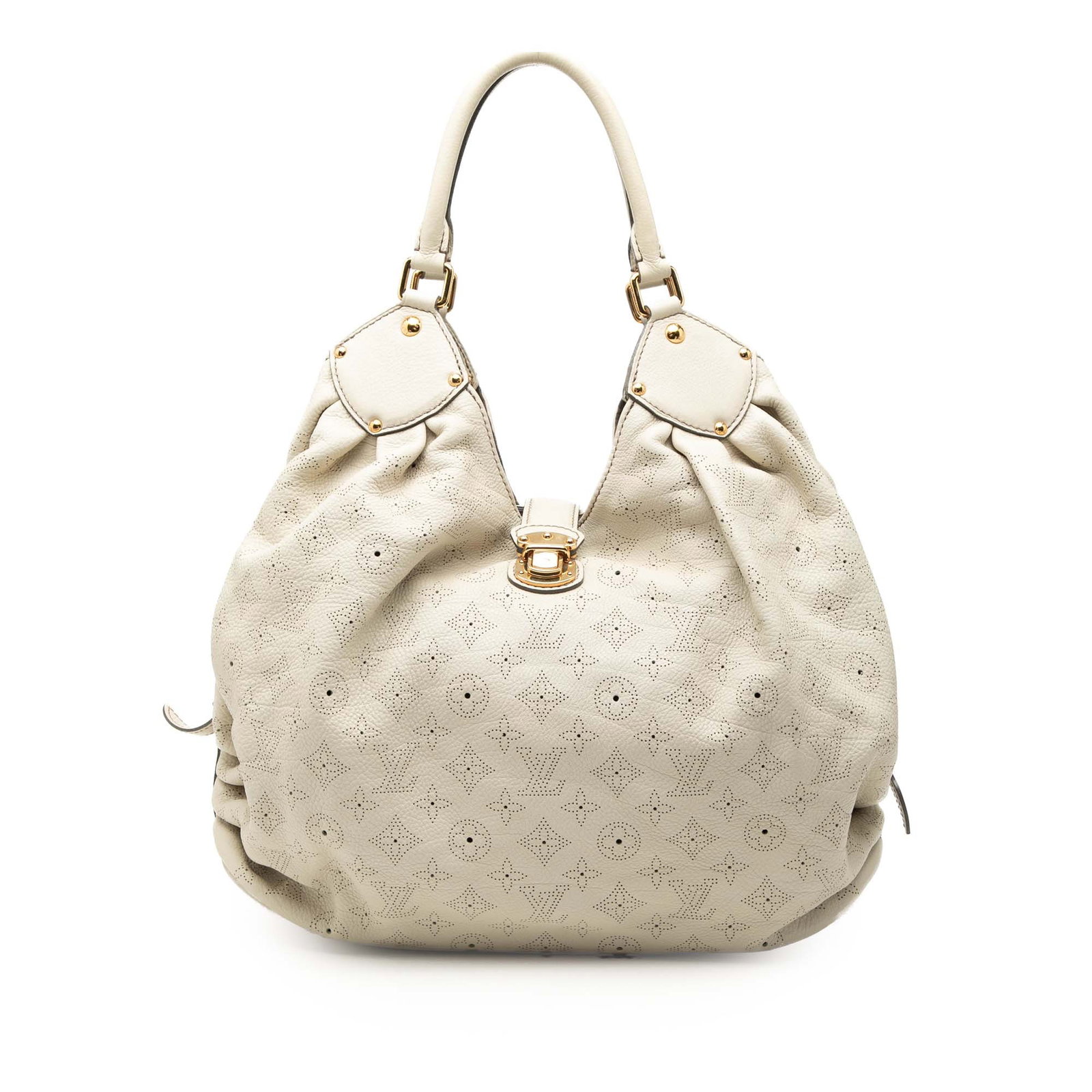 Louis Vuitton Mahina XL white leather bag: Louis Vuitton Mahina XL white leather bag This Louis Vuitton Monogram Mahina XL bag features a white calf leather body with rolled handles, an open top, a flat strap with push lock closure, and an int