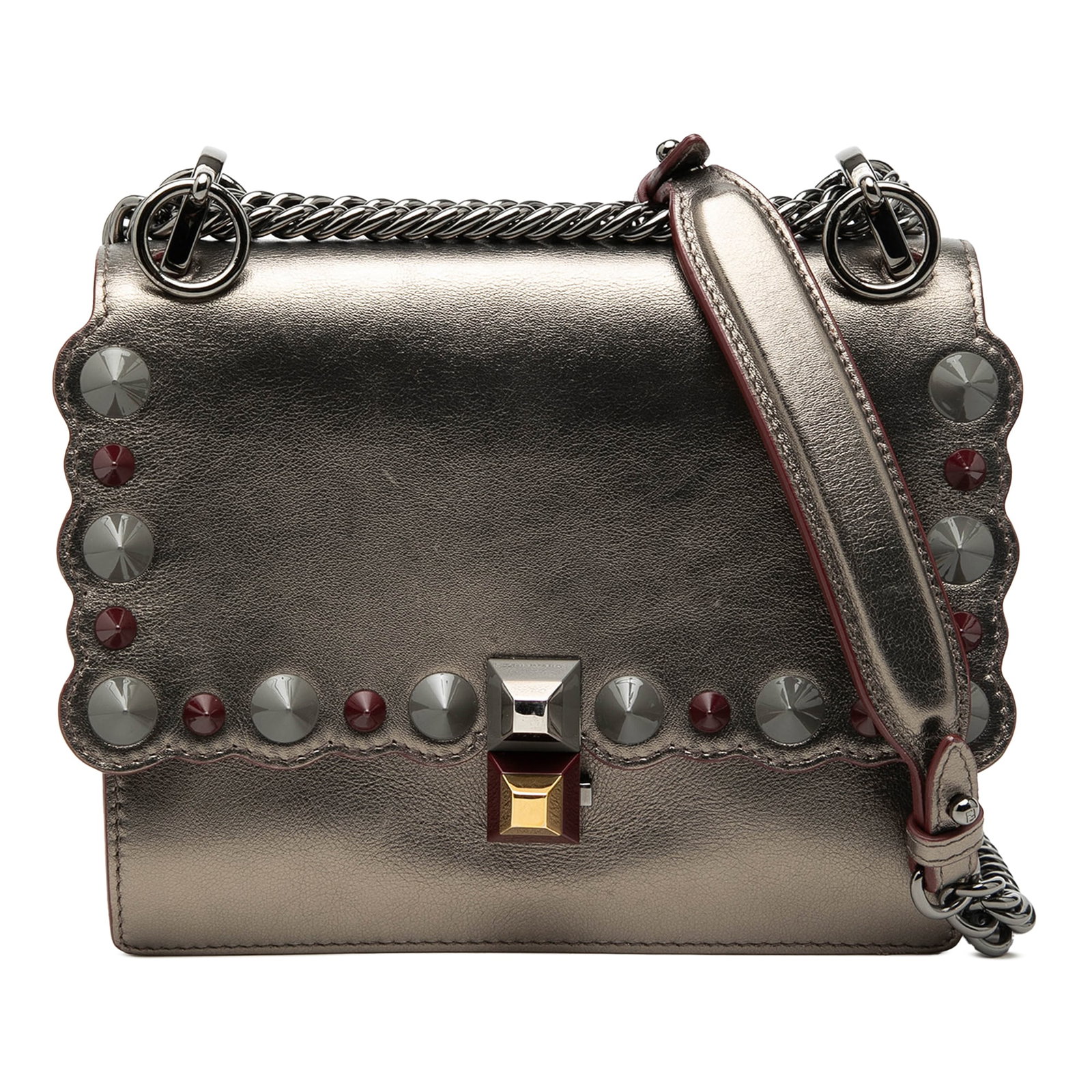 Fendi Kan I Gold Studded Leather Mini Crossbody Bag: Fendi Kan I Gold Studded Leather Mini Crossbody Bag This Fendi Mini Scalloped Metallic Studded Leather Kan I Crossbody features a gold metallic studded leather body with scalloped detailing, a chain l