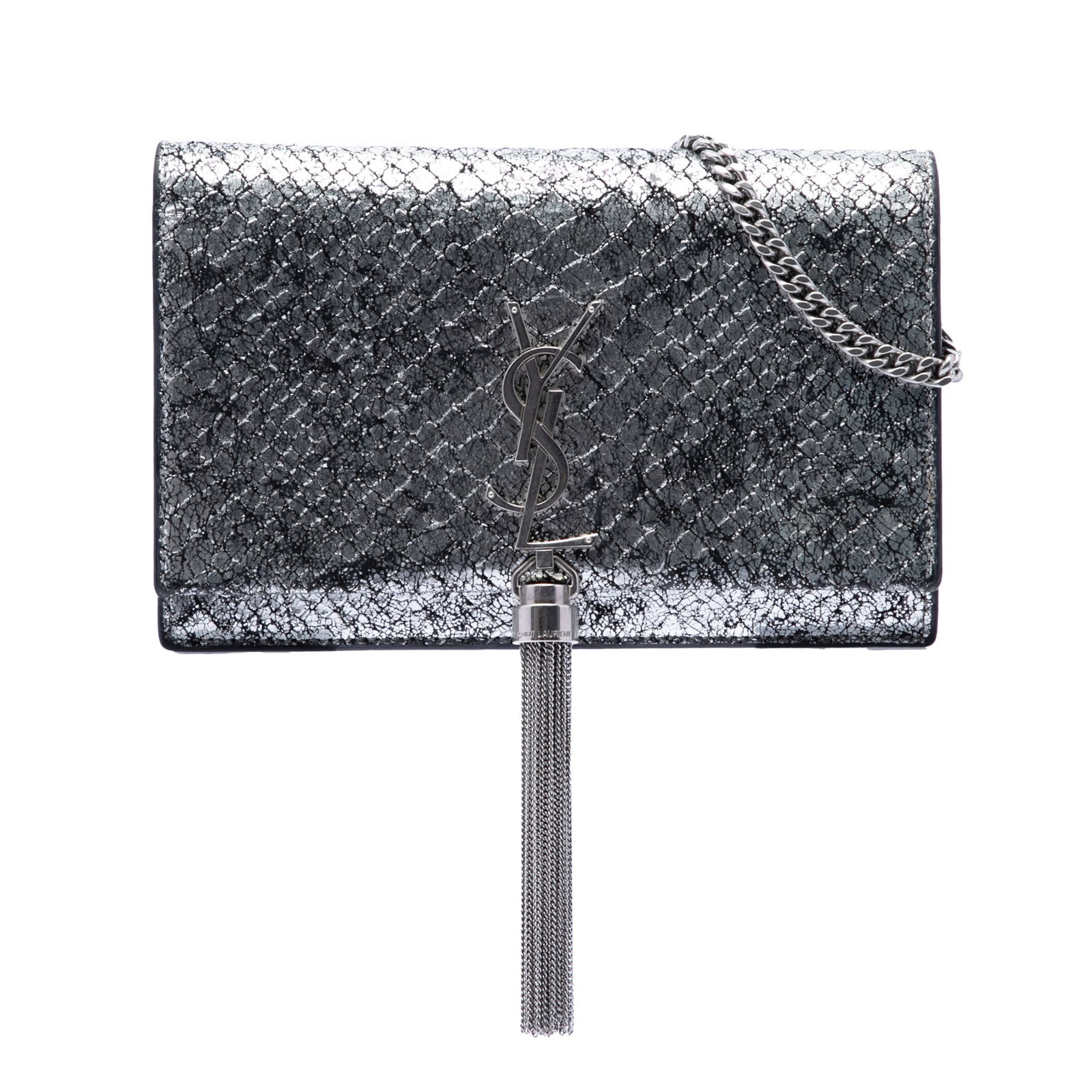 Saint Laurent Kate Tassel Wallet on Chain Python Embossed Silver Leather: Saint Laurent Kate Tassel Wallet on Chain Python Embossed Silver Leather Saint Laurent Kate wallet on chain in silver python-embossed metallic leather. This shoulder bag features a chain link strap wi