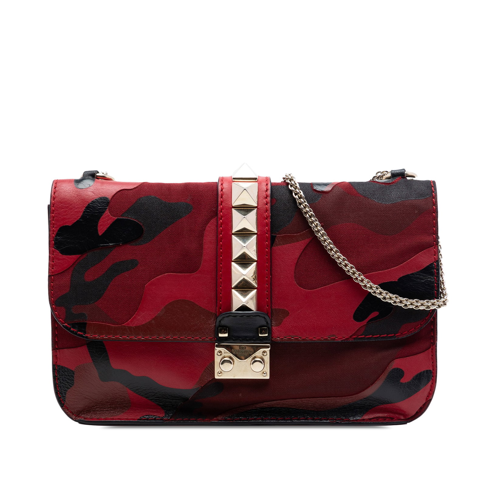 Valentino Glam Lock Medium Rockstud Camouflage Leather Canvas Crossbody: Valentino Glam Lock Medium Rockstud Camouflage Leather Canvas Crossbody Valentino Glam Lock crossbody bag crafted with a printed nappa leather and canvas body in a camouflage design. It features signa