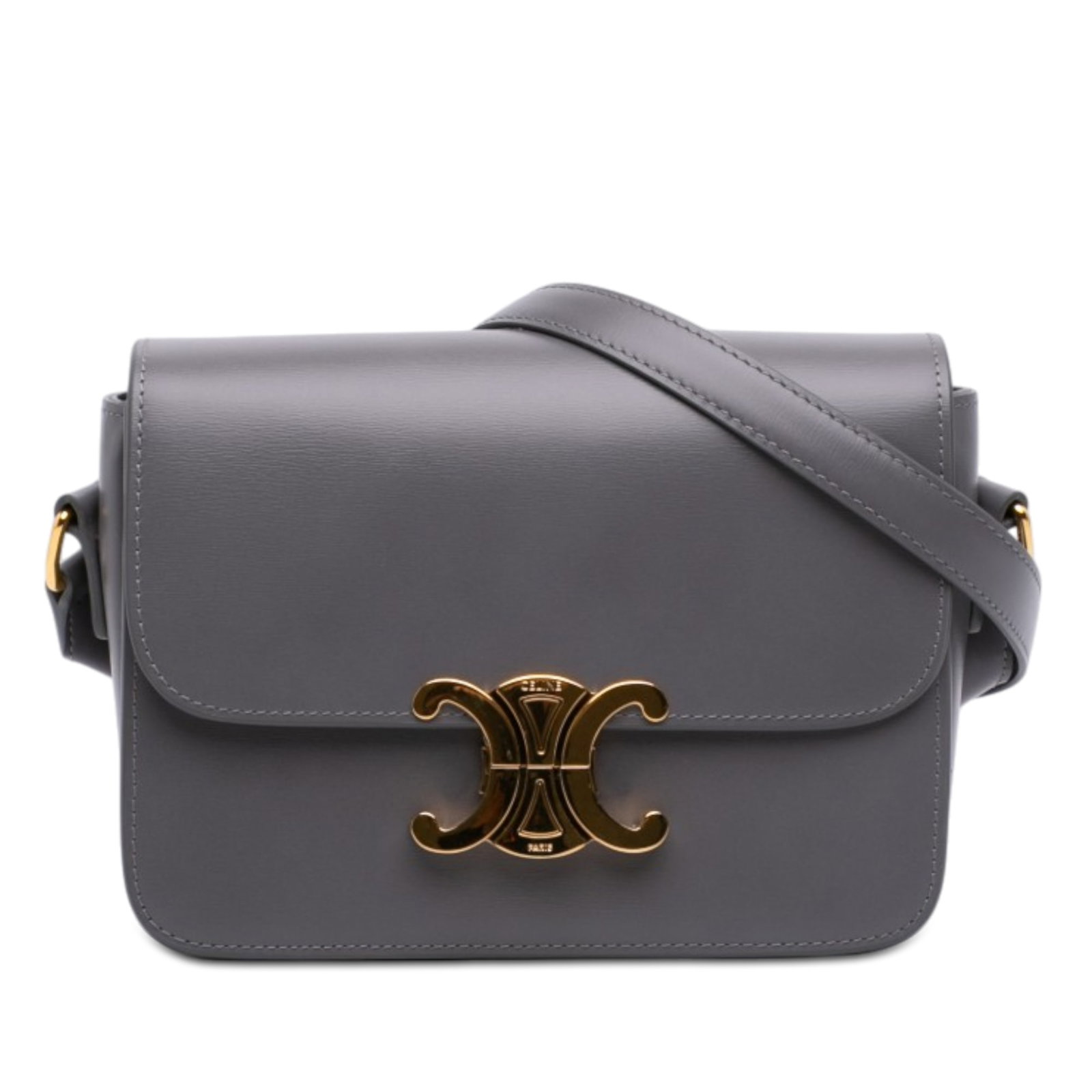 Celine Triomphe Teen Shiny Calfskin Leather Crossbody Bag Gray: Celine Triomphe Teen Shiny Calfskin Leather Crossbody Bag Gray Celine Teen Shiny Calfskin Triomphe crossbody bag in gray leather, made in Italy. It features a flat leather shoulder strap, a front flap