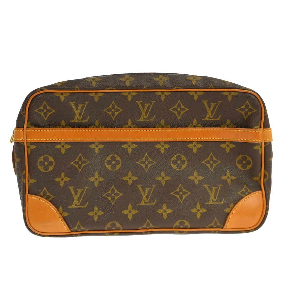 Louis Vuitton Compiegne 28 Monogram Canvas Clutch Bag M51845: Louis Vuitton Compiegne 28 Monogram Canvas Clutch Bag M51845 Vintage Louis Vuitton Compiegne 28 clutch handbag in brown Monogram canvas with leather trim and a zip closure. The exterior shows scuffs, 