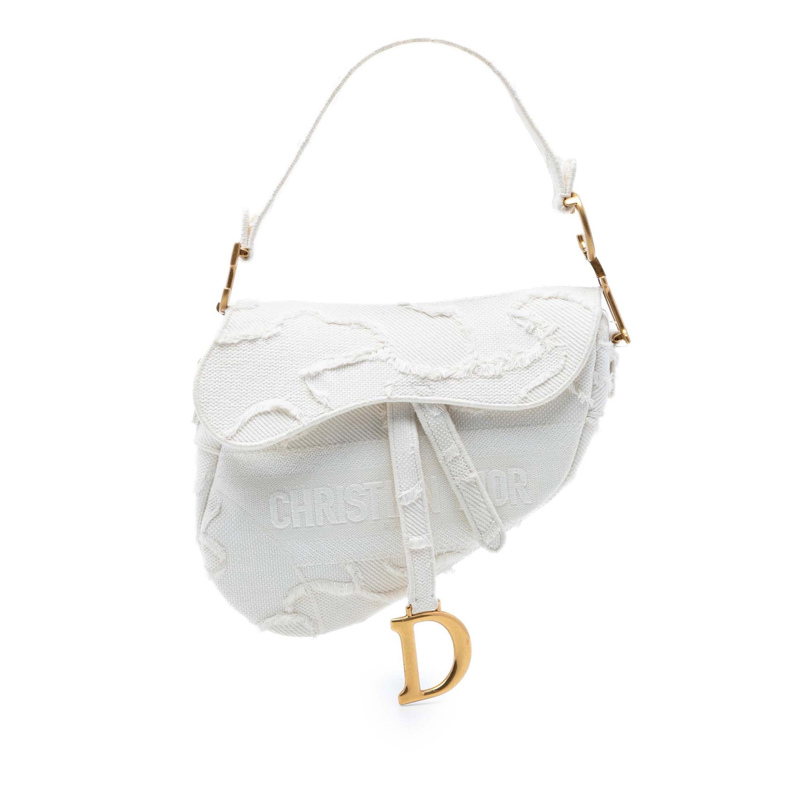 Dior Camouflage Embroidered Canvas Saddle Bag: Dior Camouflage Embroidered Canvas Saddle Bag This Dior Saddle bag features an embroidered canvas body with a camouflage pattern, complemented by a flat strap and a front flap with magnetic snap closu