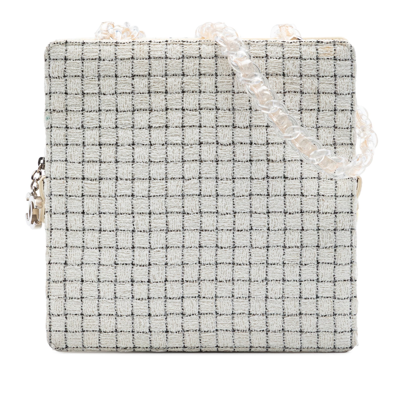 Chanel Tweed and Resin Shopping Shoulder Bag with Zip Closure: Chanel Tweed and Resin Shopping Shoulder Bag with Zip Closure A Chanel shoulder bag from France, made with a tweed body and leather trim. It features resin chain straps, a top zip closure, and an inte