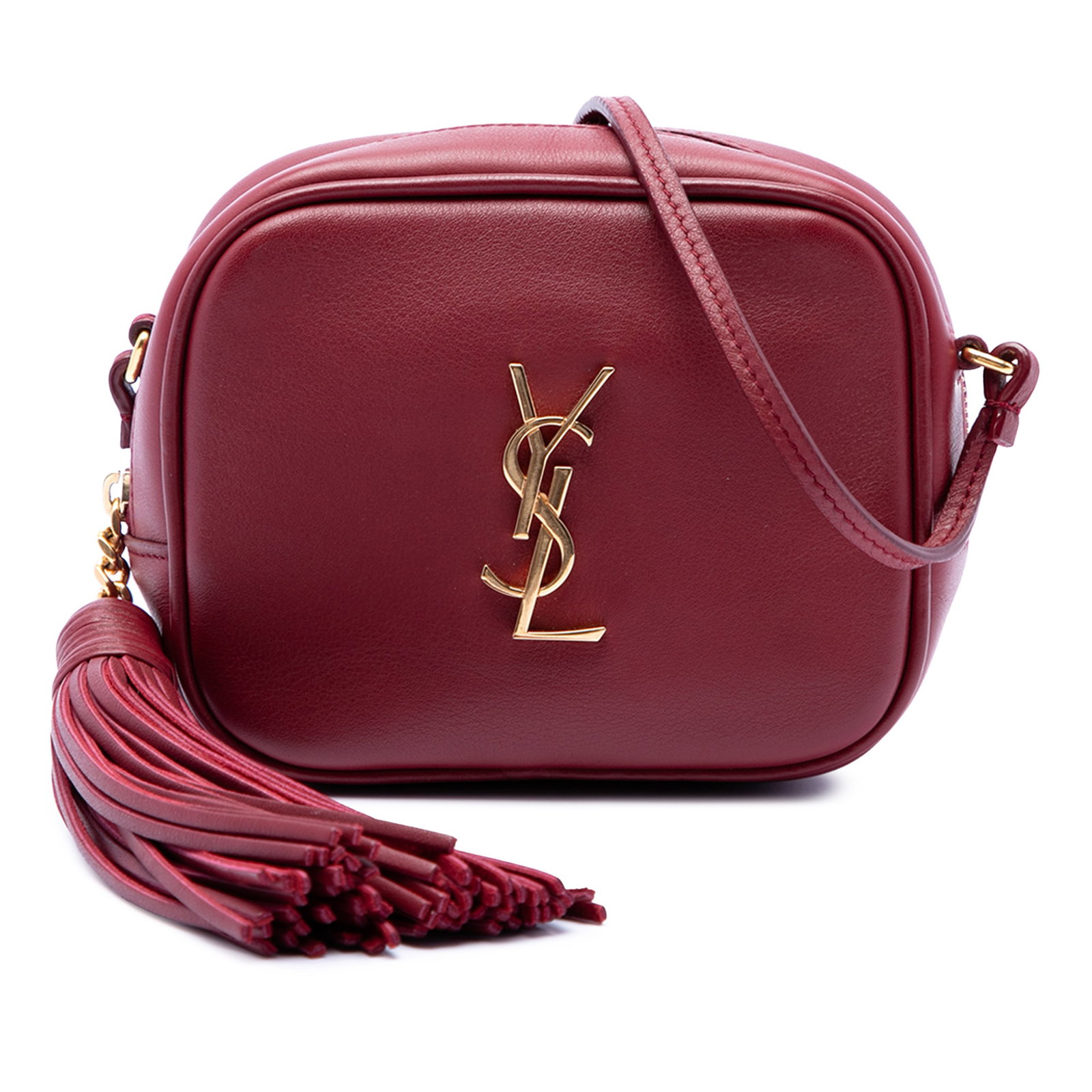 Saint Laurent Blogger Monogram Leather Crossbody Bag Red: Saint Laurent Blogger Monogram Leather Crossbody Bag Red This Saint Laurent Blogger crossbody bag is crafted in calfskin leather and features a leather body, flat shoulder strap, tassel detail, top zi