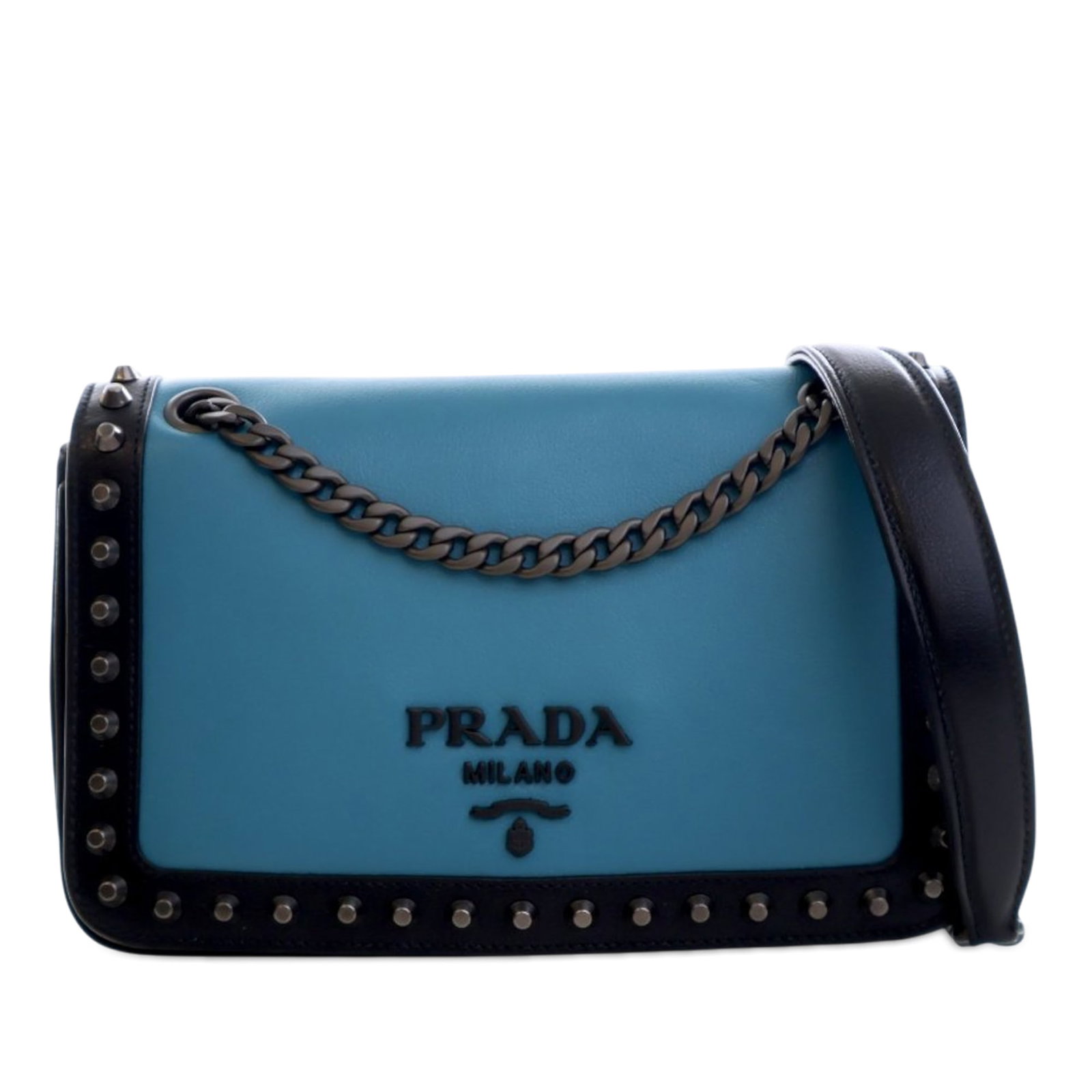 Prada Blue Studded Calfskin Bicolor Glace Crossbody Bag: Prada Blue Studded Calfskin Bicolor Glace Crossbody Bag This Prada crossbody bag features a studded calf leather body with a bicolor design. It is equipped with a chain link strap that includes a leat