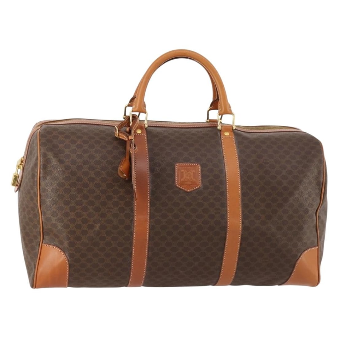 Celine Macadam Boston Bag Brown PVC Leather with Gold Accents and Padlock