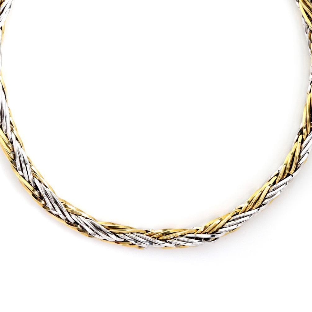 14k Two Tone Gold Woven Link Necklace 18" 8.5mm Italy: 14k Two Tone Gold Woven Link Necklace 18" 8.5mm Italy Elevate your jewelry collection with this stunning 14k Two Tone Gold Woven Link Necklace. The necklace showcases a captivating woven design, exper