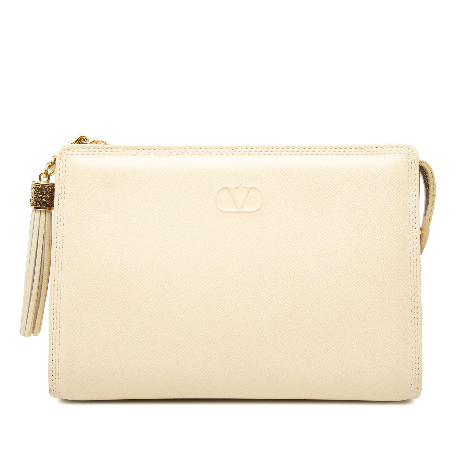 Valentino VLogo Tassel Clutch in White Grainy Calfskin: Valentino VLogo Tassel Clutch in White Grainy Calfskin This Valentino clutch bag is crafted in leather with a grainy calfskin finish and features a top zip closure with a tassel zipper pull, an exteri