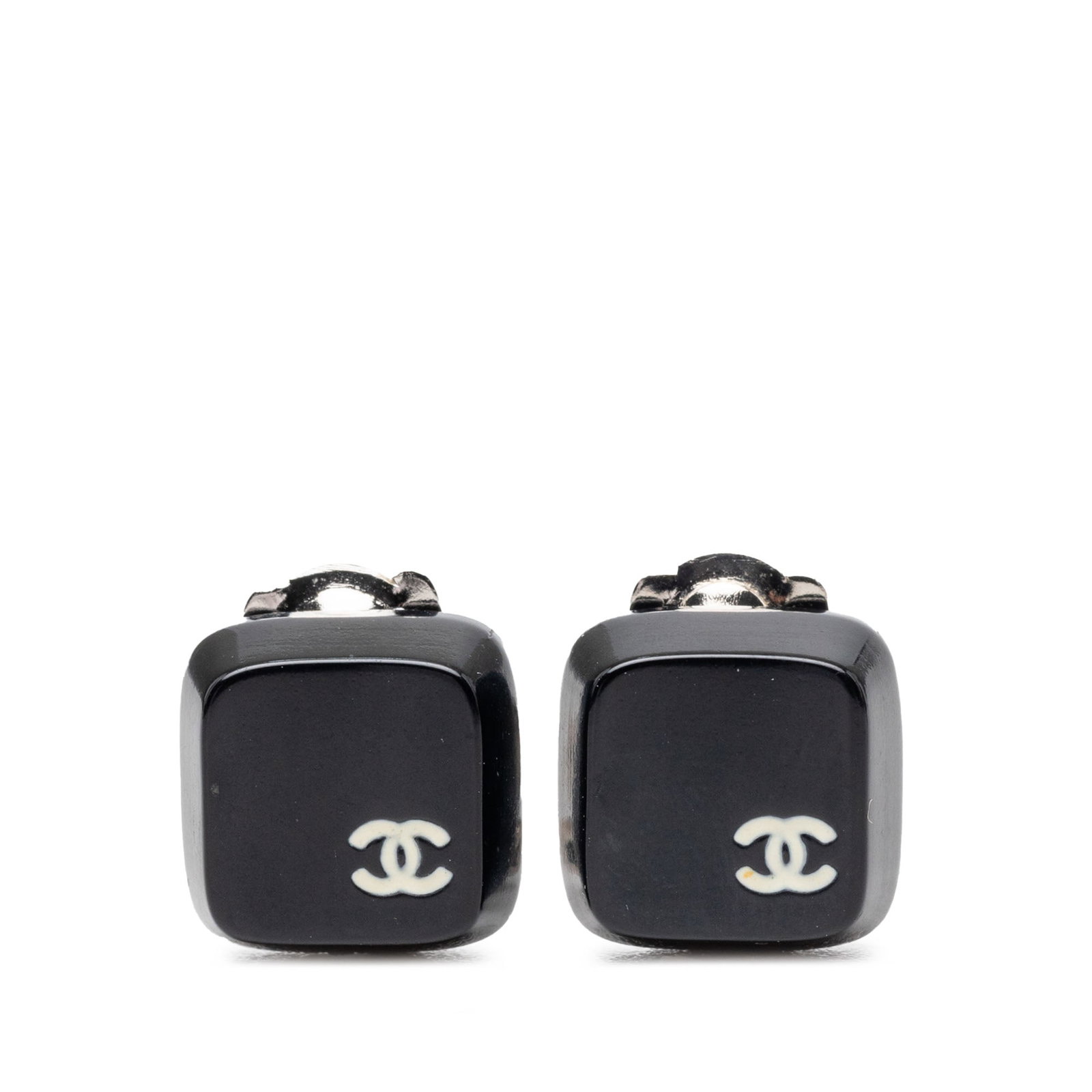 Chanel CC Square Resin Clip Earrings Gold Plated: Chanel CC Square Resin Clip Earrings Gold Plated Chanel CC square clip-on earrings crafted in resin with gold-plated detailing. This costume jewelry pair features a black finish and classic clip-on cl