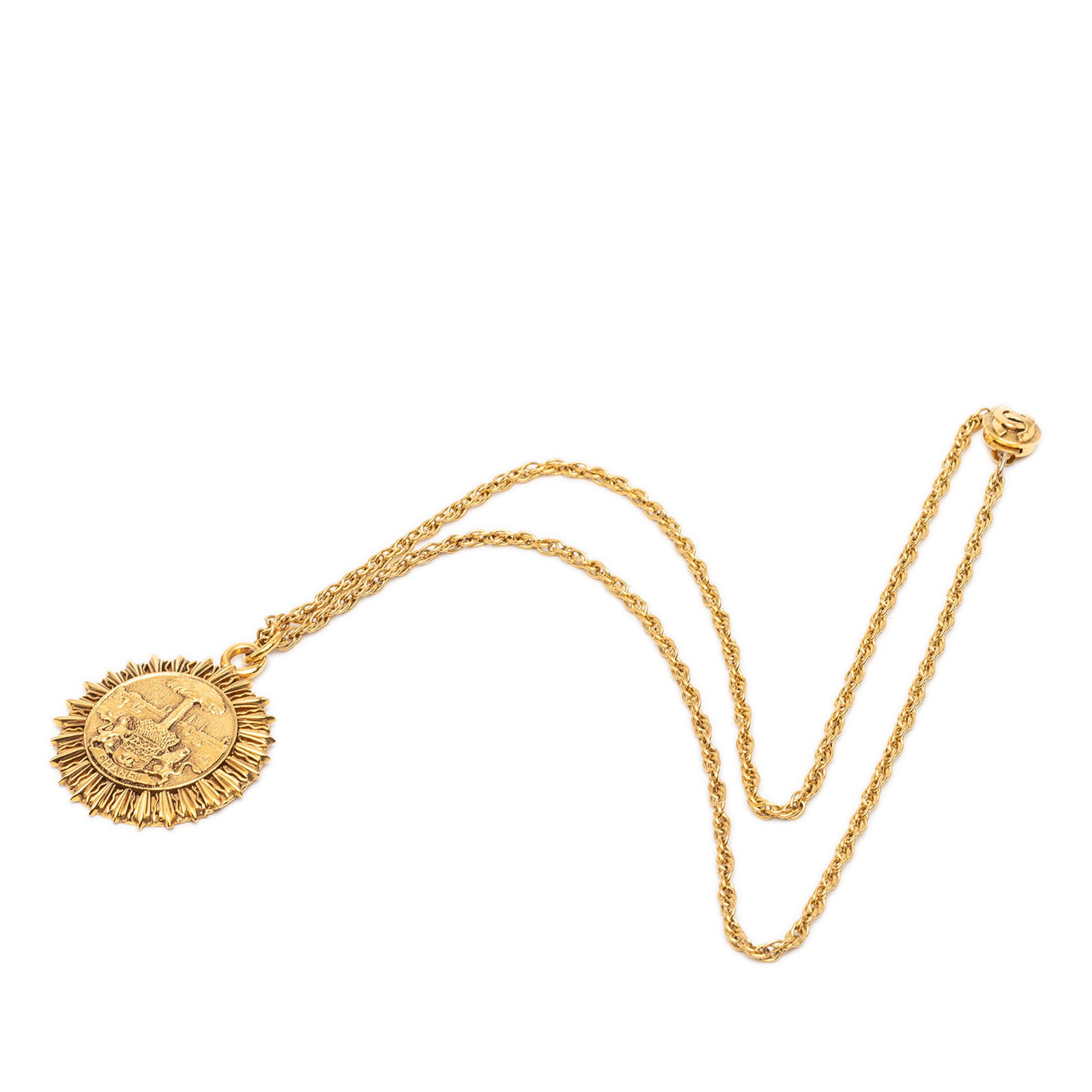 Chanel Coat of Arms Sunburst Medallion Pendant Necklace Gold Plated (1 of 6)