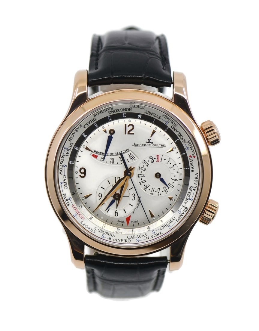 Jaeger LeCoultre Master World Geographic 18K Rose Gold Automatic Watch: Jaeger LeCoultre Master World Geographic 18K Rose Gold Automatic Watch This Jaeger LeCoultre Master World Geographic wristwatch features a 42mm case crafted from 18K rose gold, paired with a silver