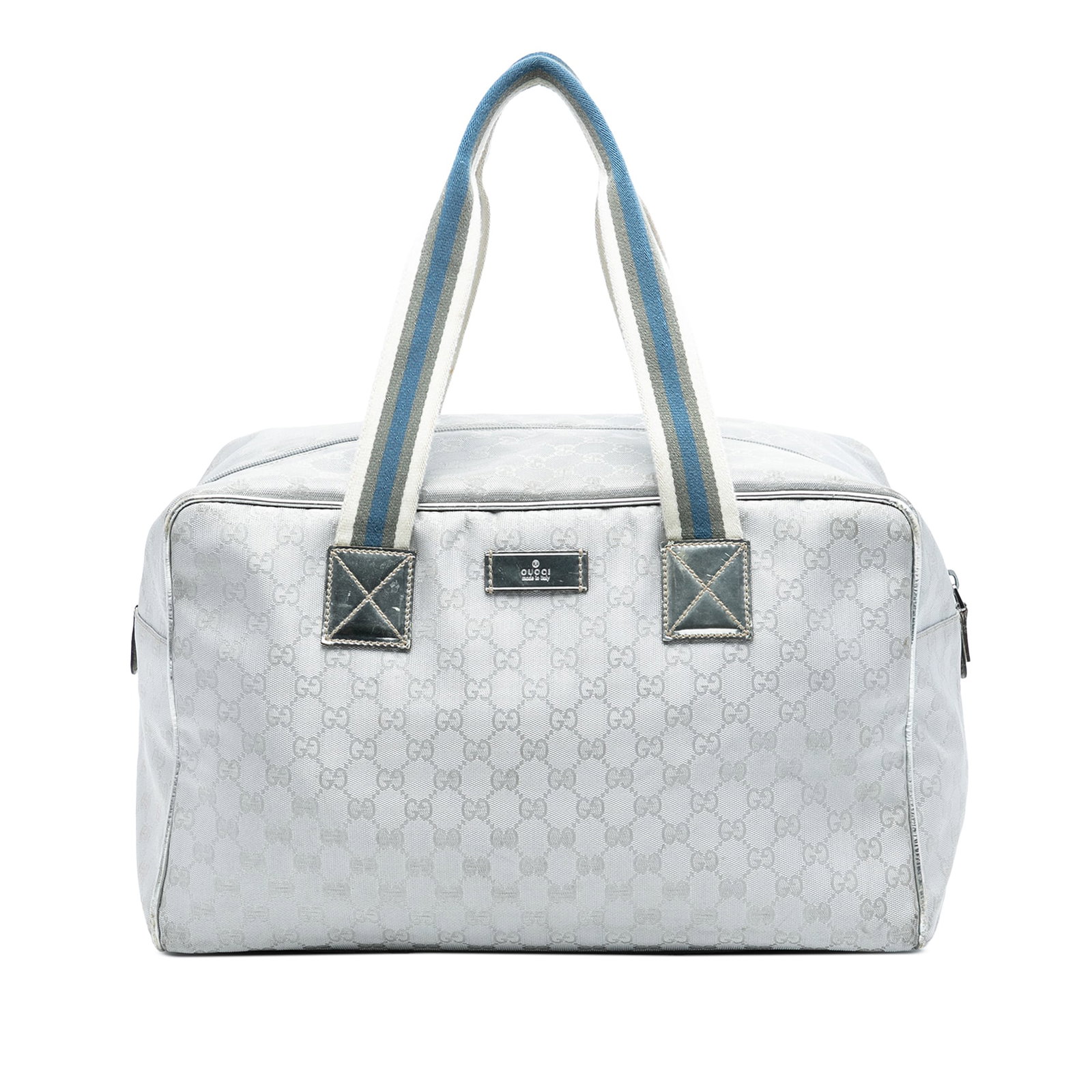 Gucci GG Canvas Web Gray Travel Bag with Leather Trim: Gucci GG Canvas Web Gray Travel Bag with Leather Trim This Gucci GG Canvas Web Travel Bag features a canvas body with leather trim, flat handles, a top zip closure, and an interior zip pocket. The bag