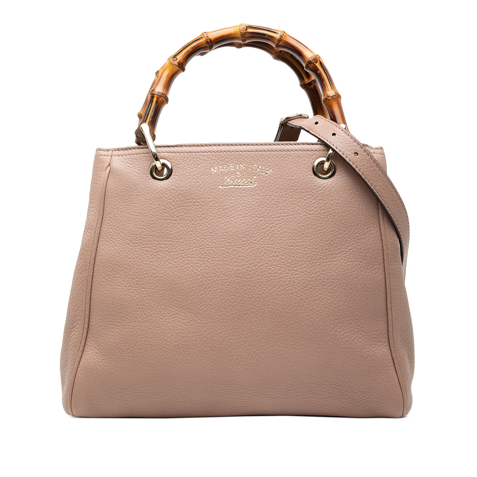 Gucci Bamboo Handle Small Leather Satchel with Detachable Strap: Gucci Bamboo Handle Small Leather Satchel with Detachable Strap This Gucci Small Calfskin Bamboo Shopper Satchel showcases a leather body in brown with signature bamboo top handles. It features an adj