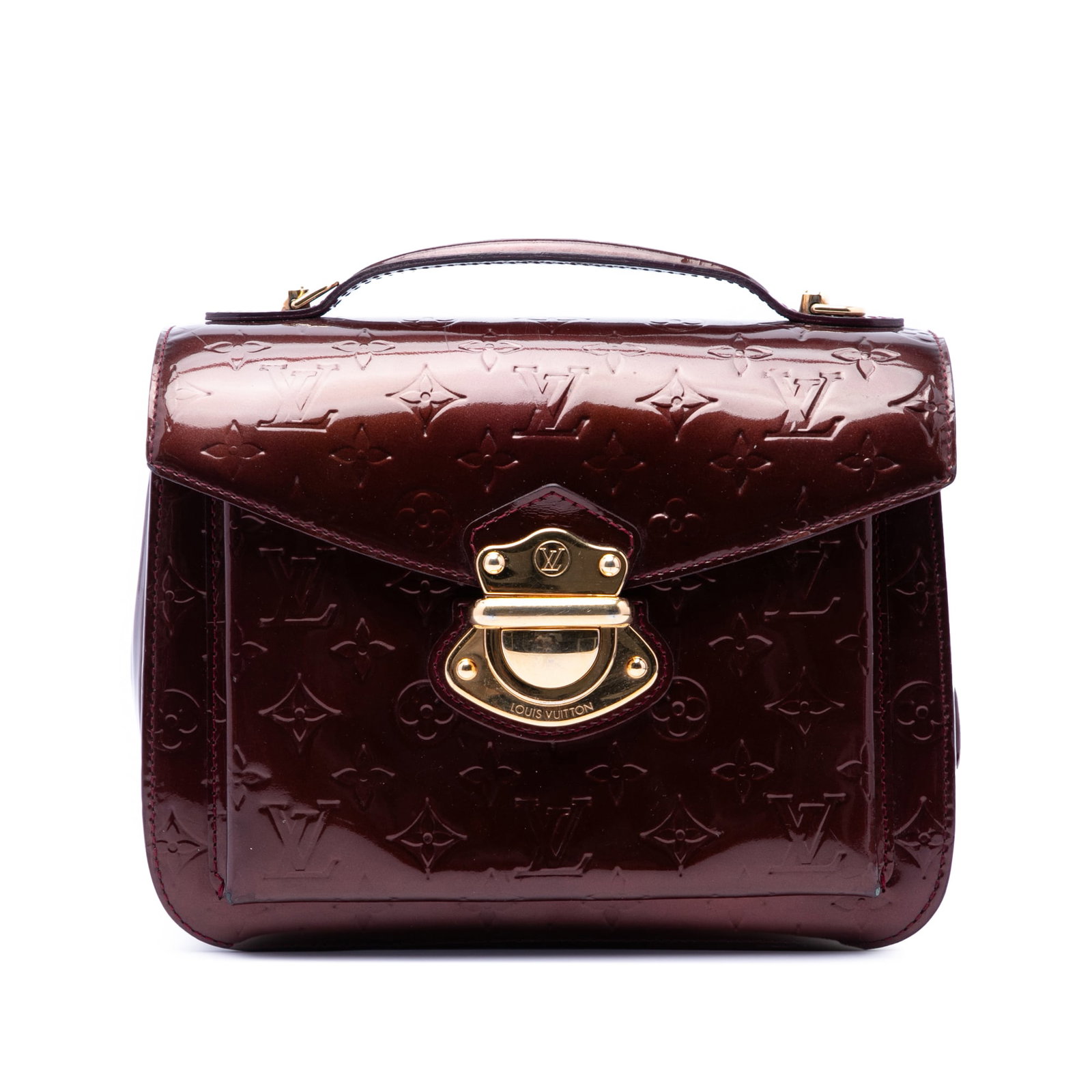 Louis Vuitton Mirada Monogram Vernis Leather Handbag: Louis Vuitton Mirada Monogram Vernis Leather Handbag Louis Vuitton Monogram Vernis Mirada bag in red leather with a structured silhouette, flat top handle, and front flap with push-lock closure. The i